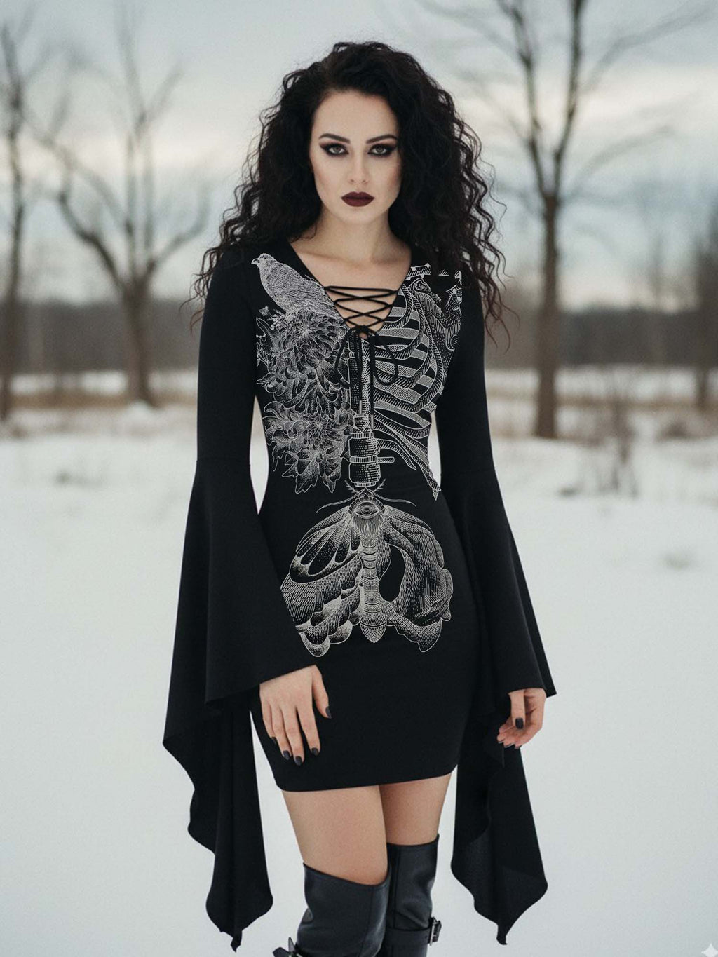 X-Ray Skull And Bird Print Batwing Dress