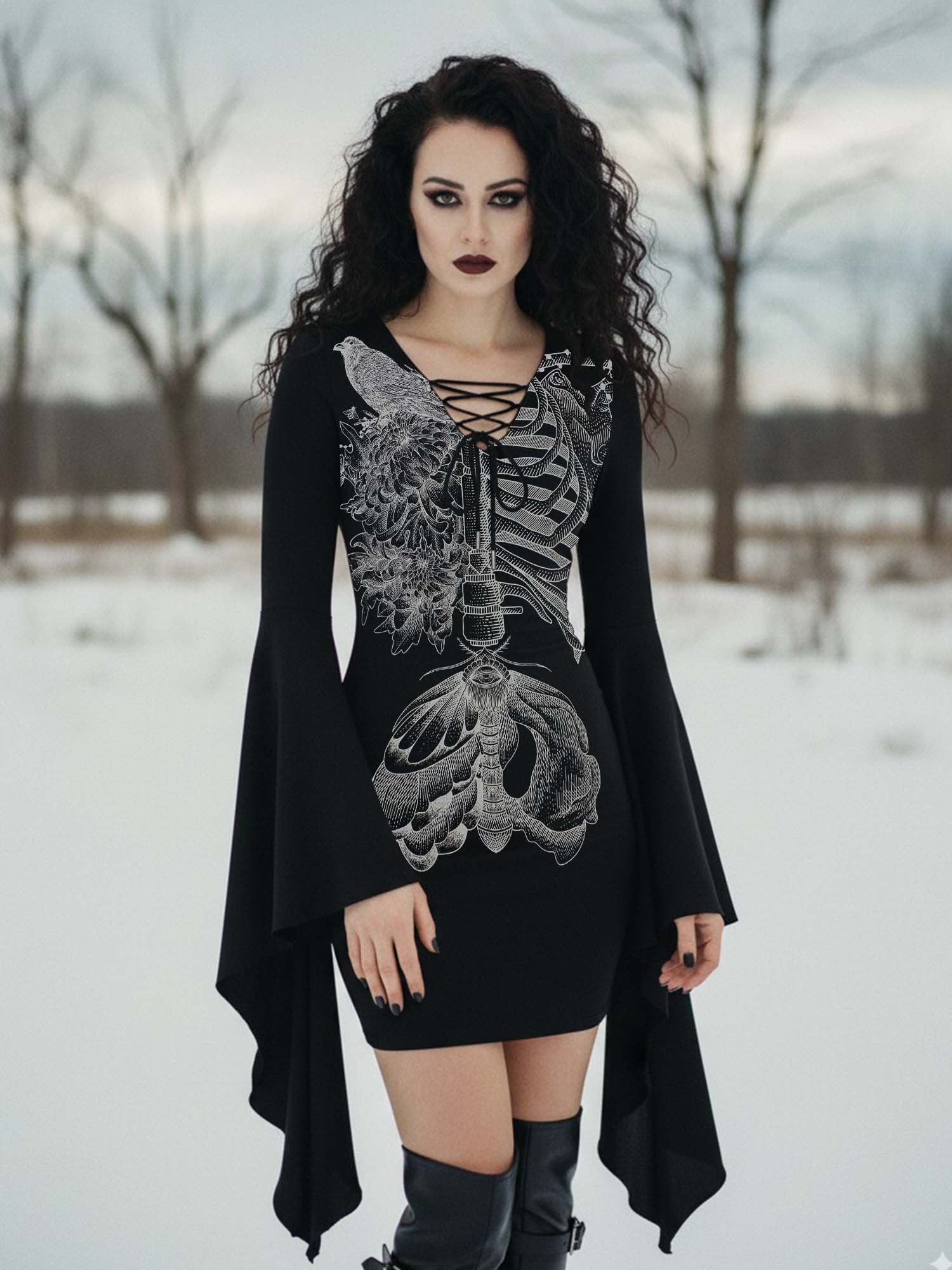 X-Ray Skull And Bird Print Batwing Dress