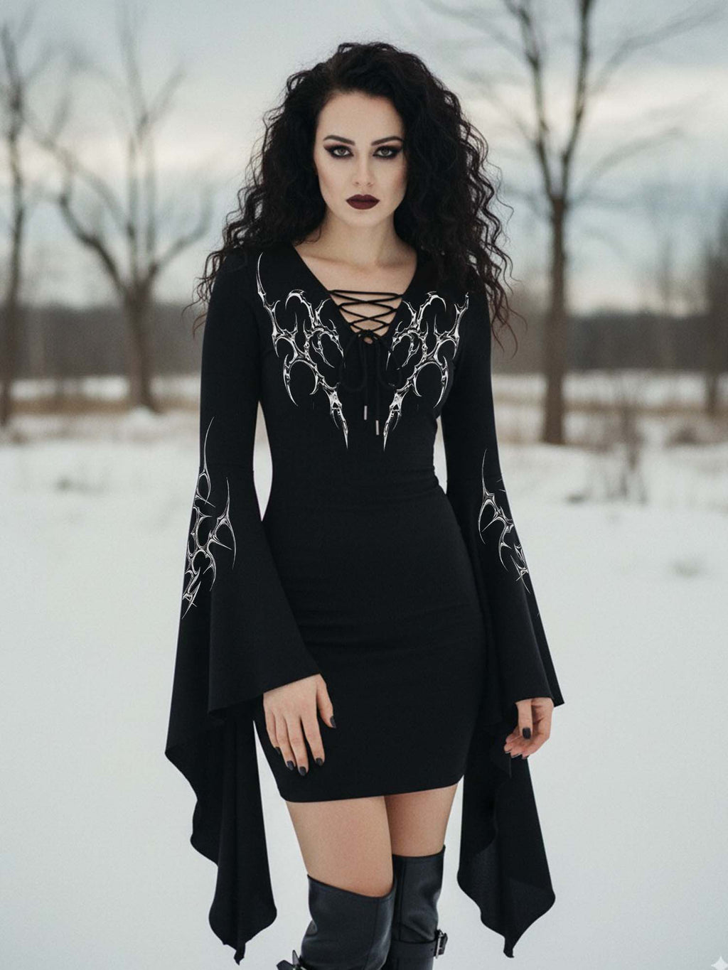 Gothic Cybersigilism Print Batwing Dress