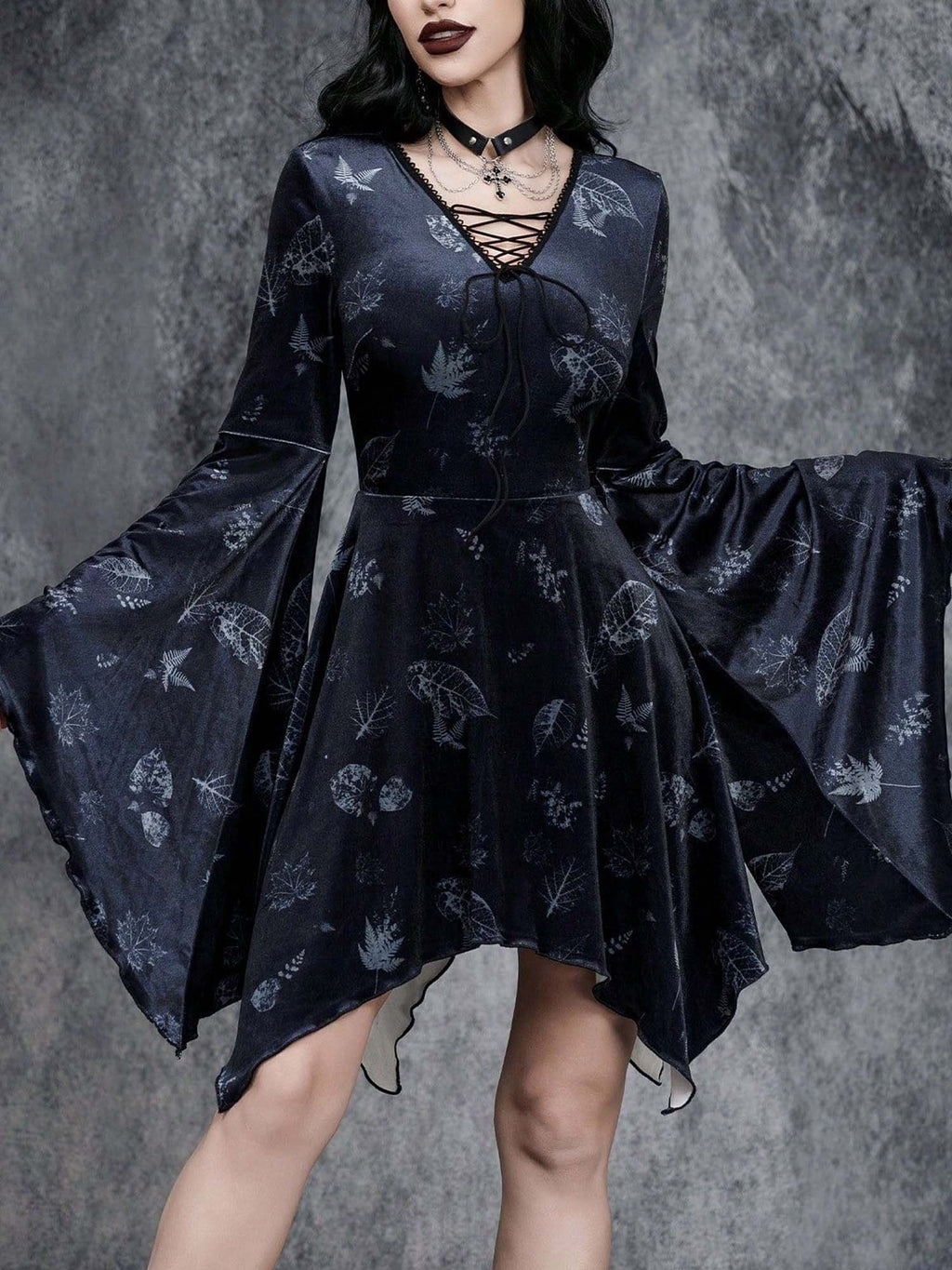Gothic Halloween Print Tie-Strap Trumpet Sleeve V-Neck Dress