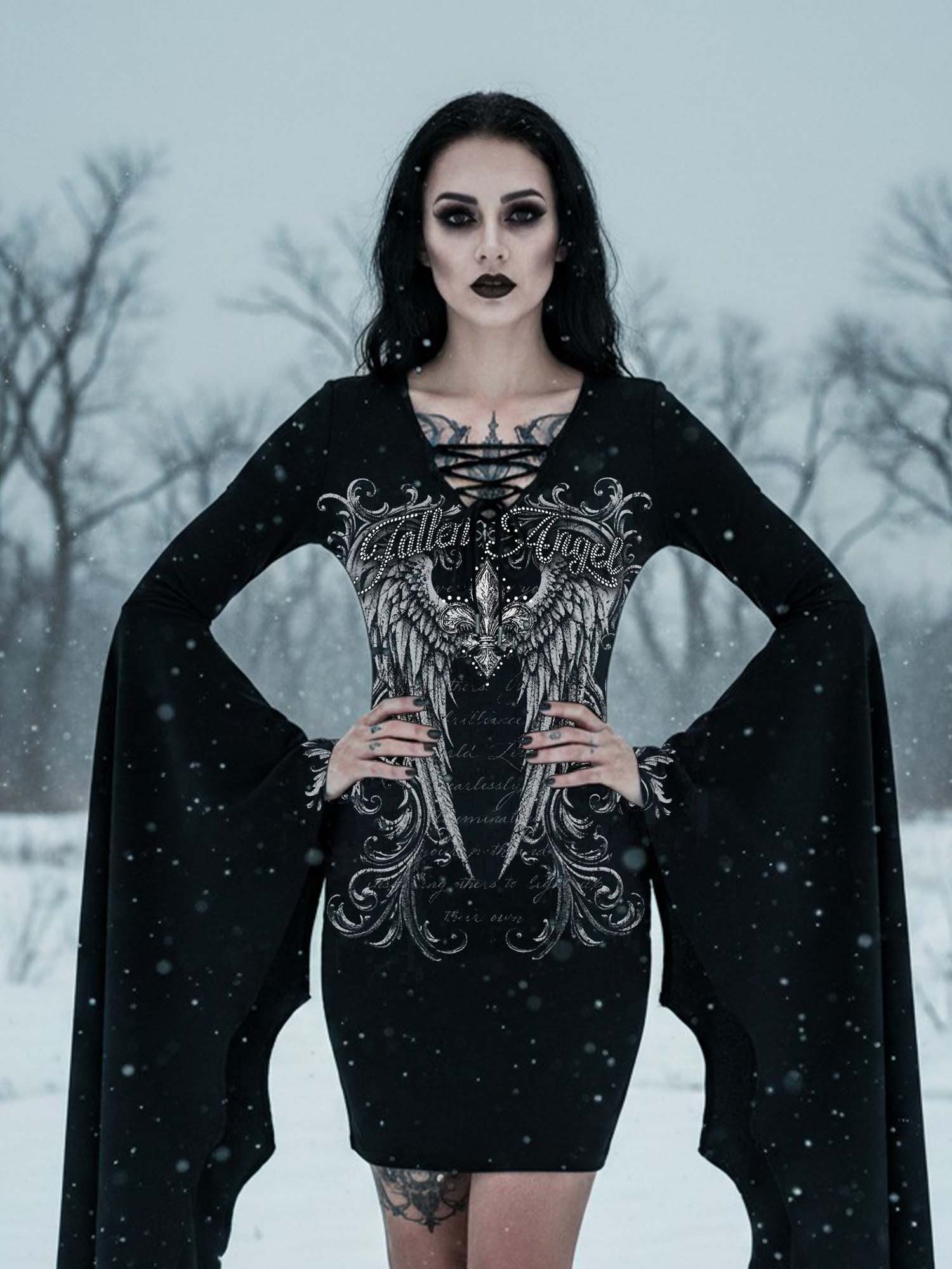 Fallen Angel Print Batwing Dress