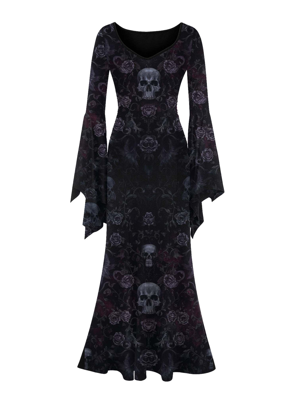 Maxikleid mit Fledermausärmeln und Gothic-Totenkopf- und Blumenmuster