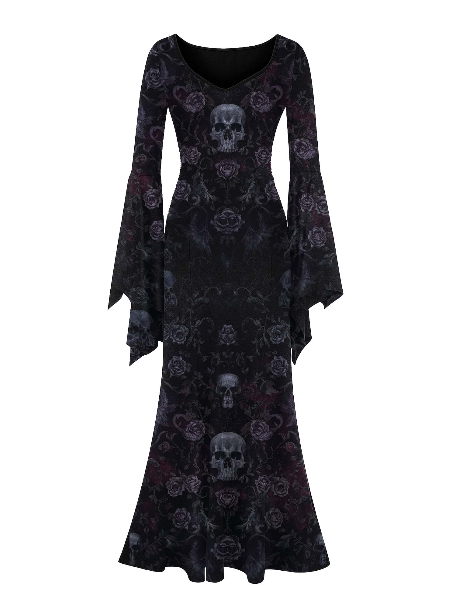 Maxikleid mit Fledermausärmeln und Gothic-Totenkopf- und Blumenmuster