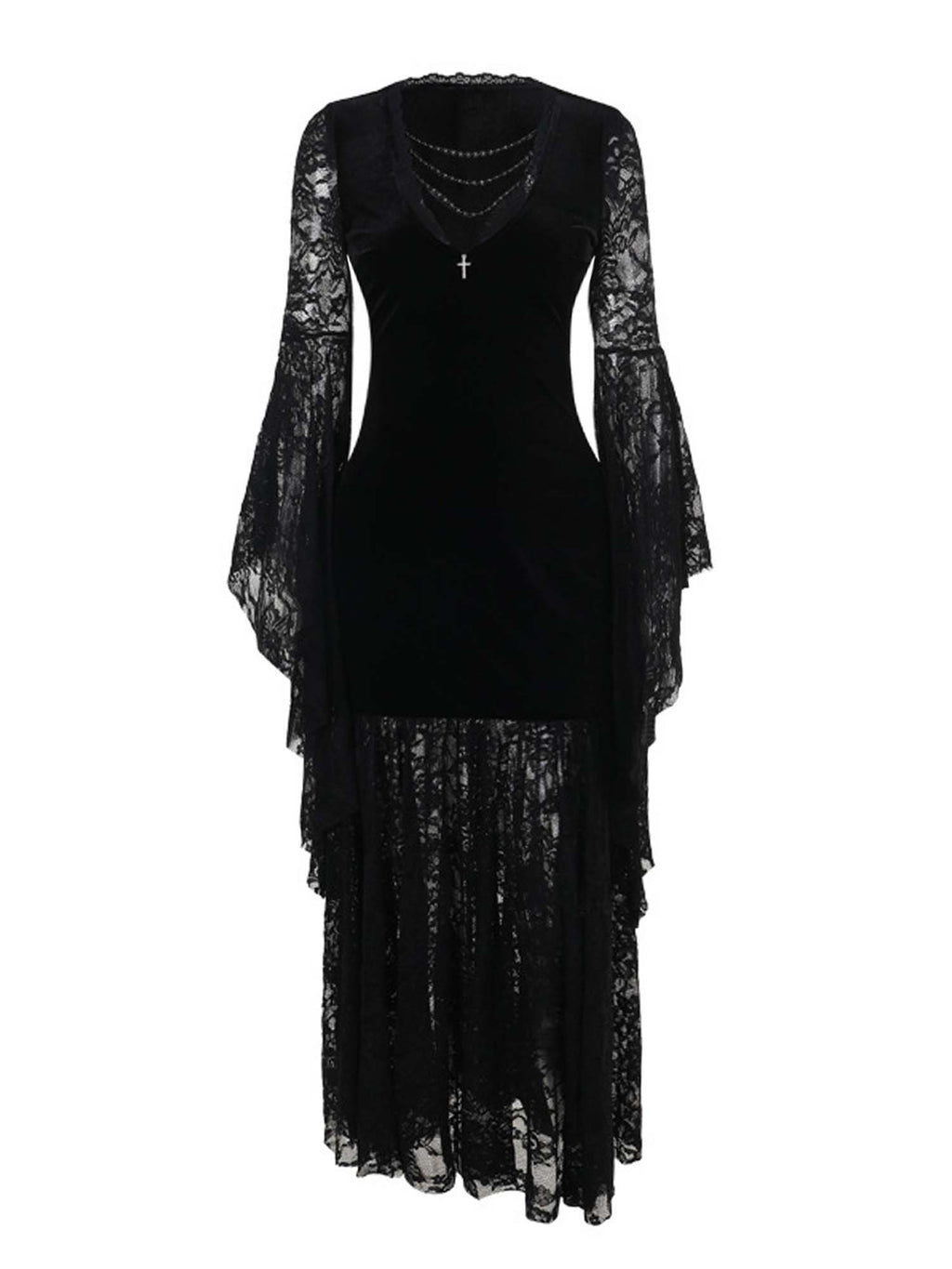 Gothic-Kleid aus Samt mit Kreuz-Fledermausärmeln und Spitzeneinsatz