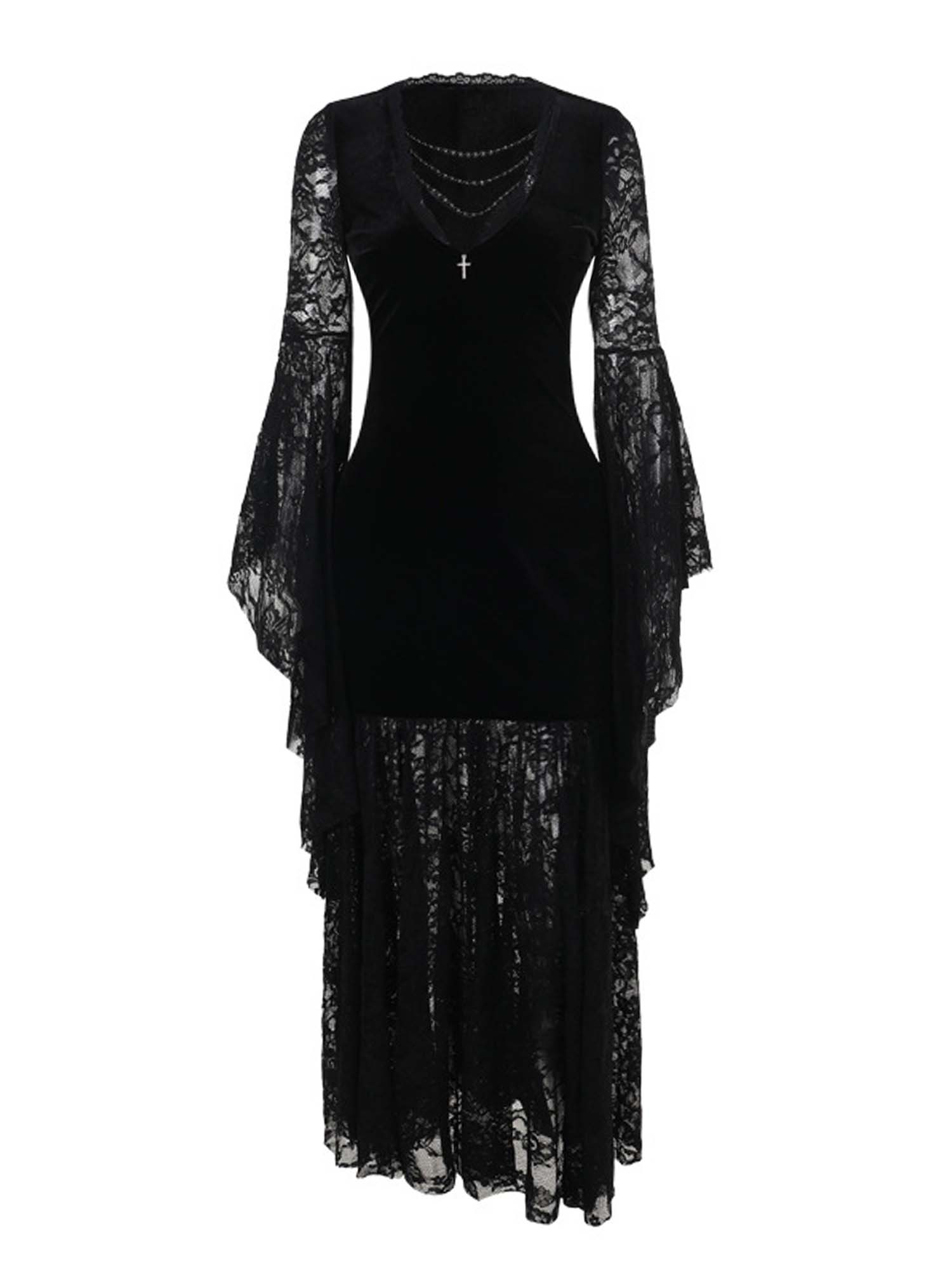 Gothic-Kleid aus Samt mit Kreuz-Fledermausärmeln und Spitzeneinsatz
