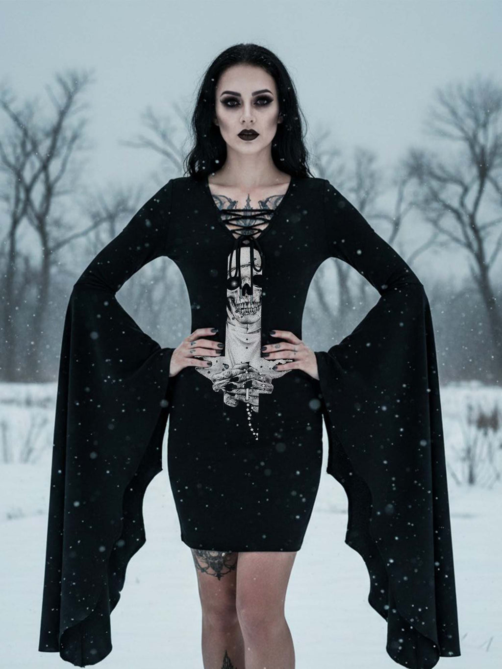 Ghost Nun Cross Print Batwing Dress