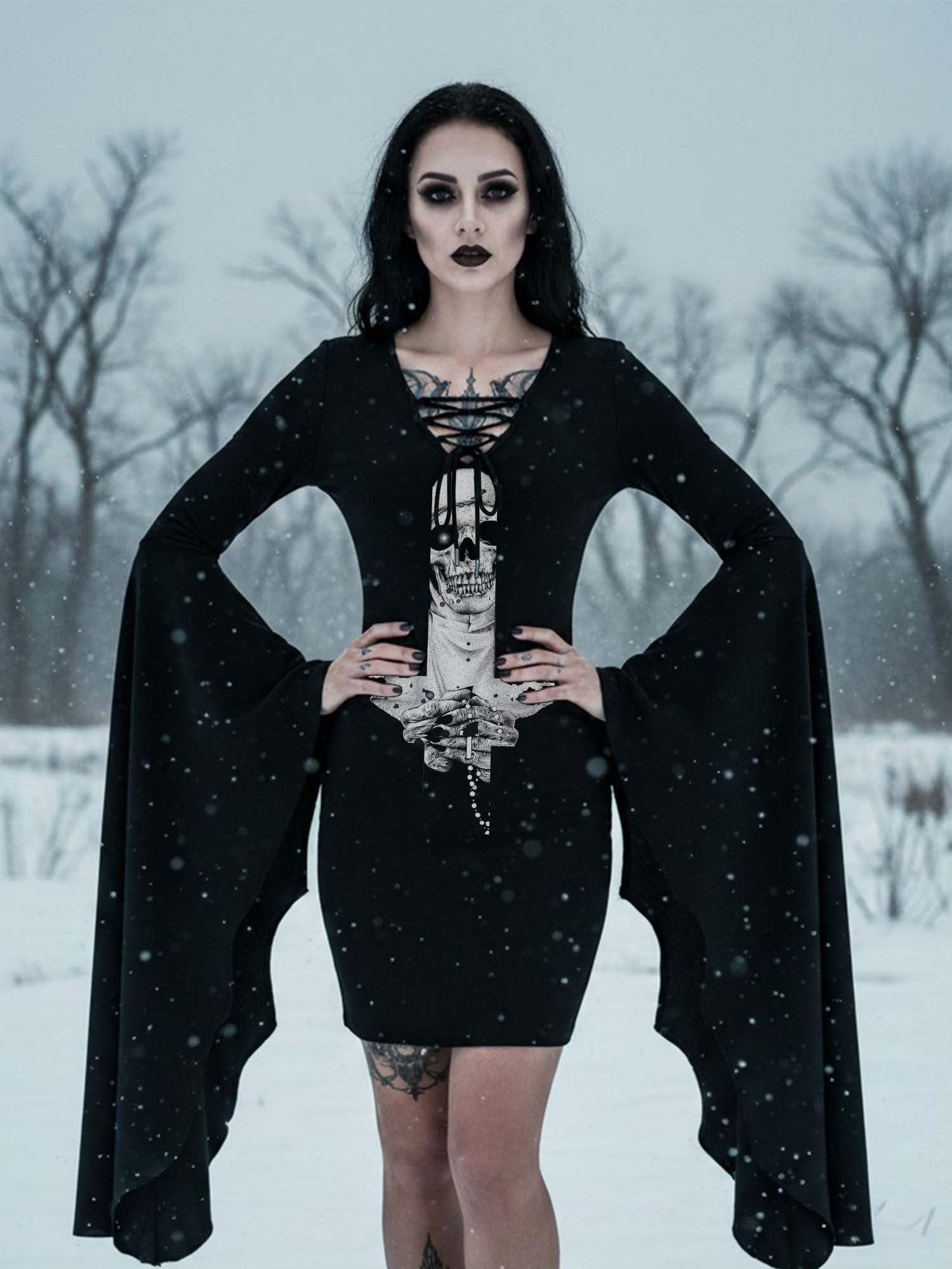 Ghost Nun Cross Print Batwing Dress