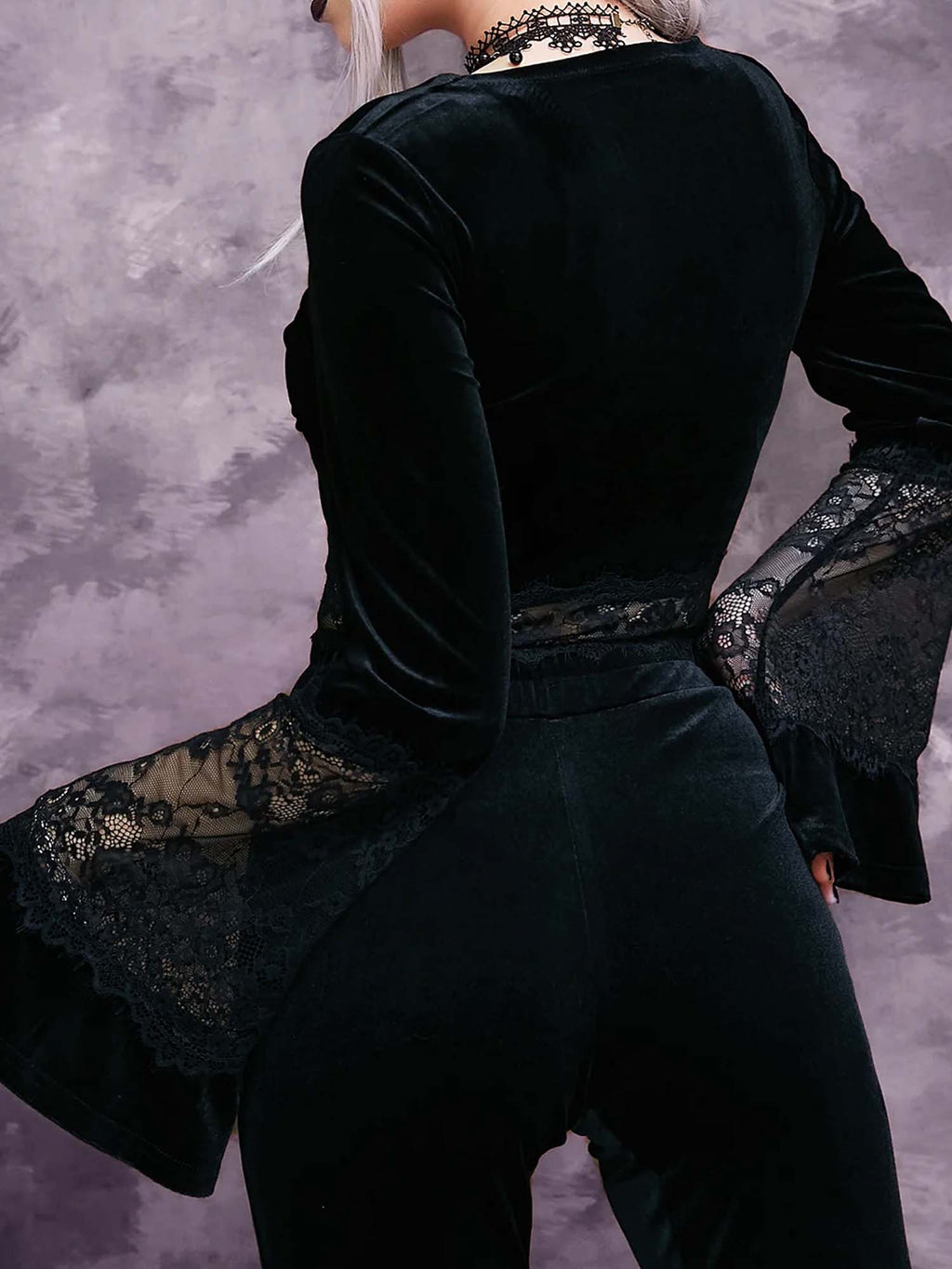 V-Neck Dark Lace Paneled Flared Sleeve Top