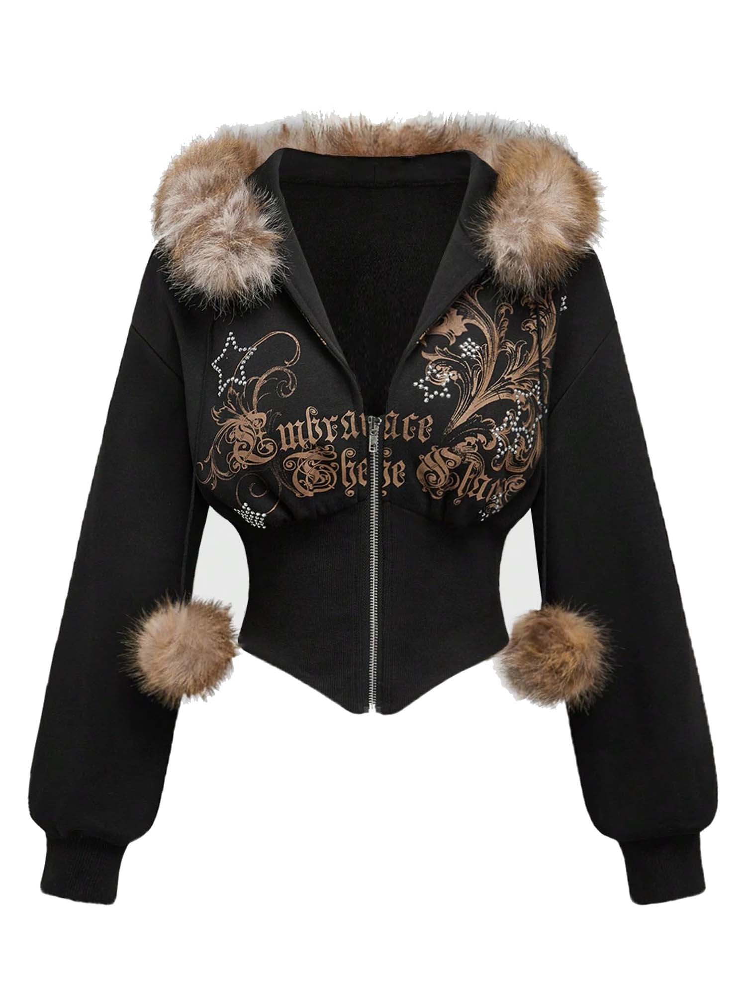 Gothic Vintage Kunstpelzkragen mit taillierter Kapuzenjacke 