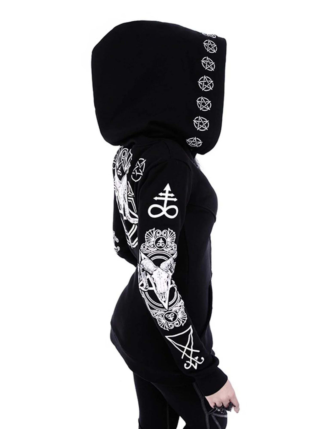 Gothic Ram Skull And Pentagram Baphomet Print Jacket Hoodie