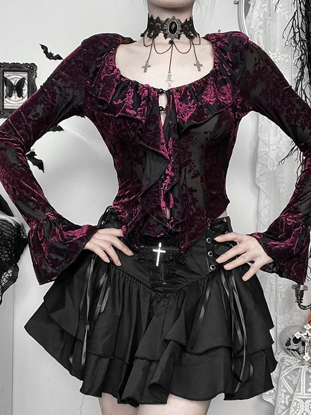 Gothic Ruffled V-Neck Long-Sleeved Top