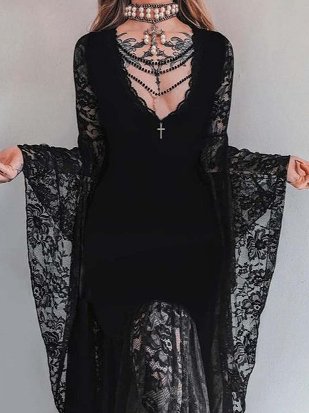 Gothic Cross Batwing Sleeve Lace Panel Velvet Dress
