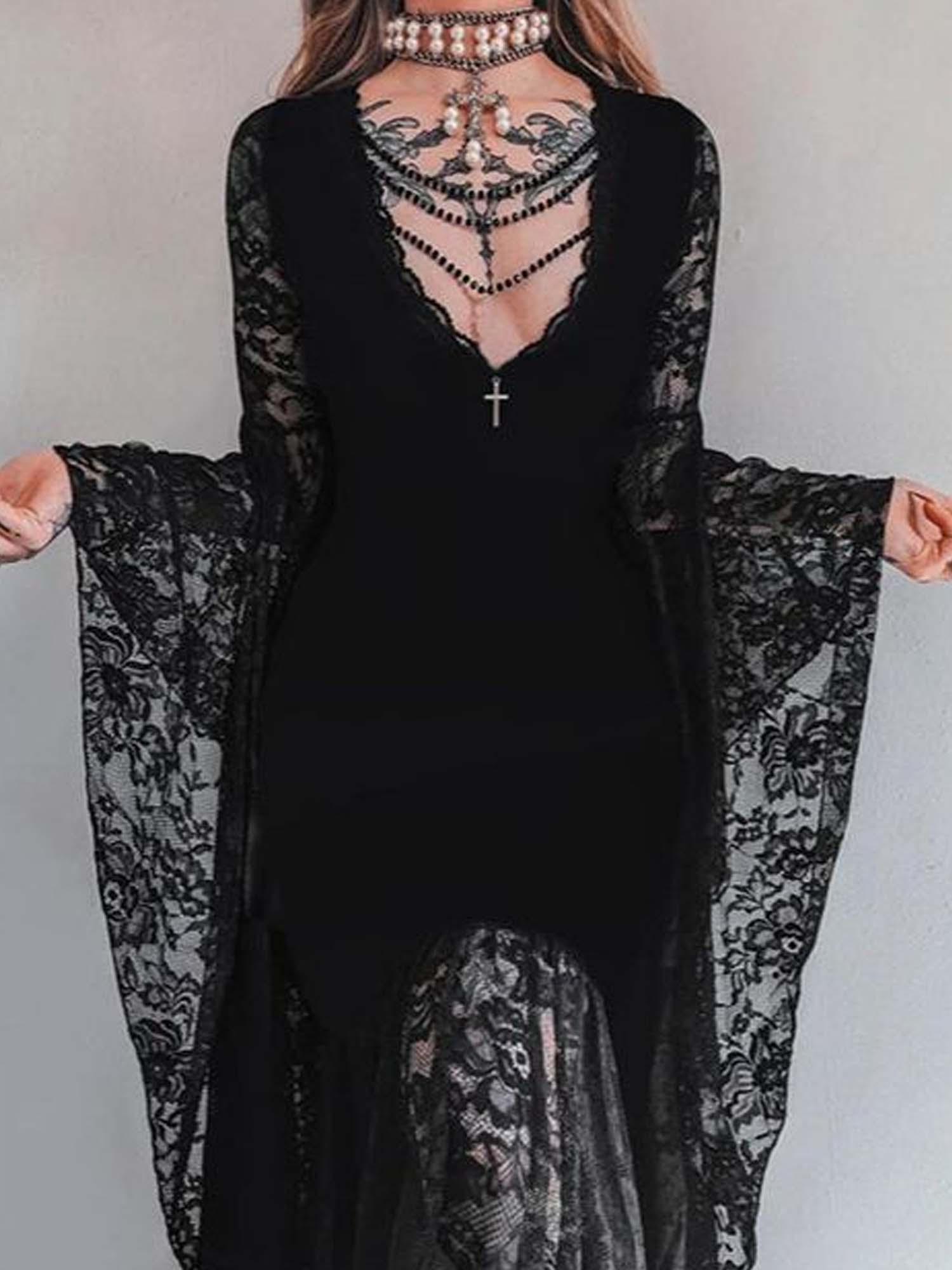 Gothic Cross Batwing Sleeve Lace Panel Velvet Dress