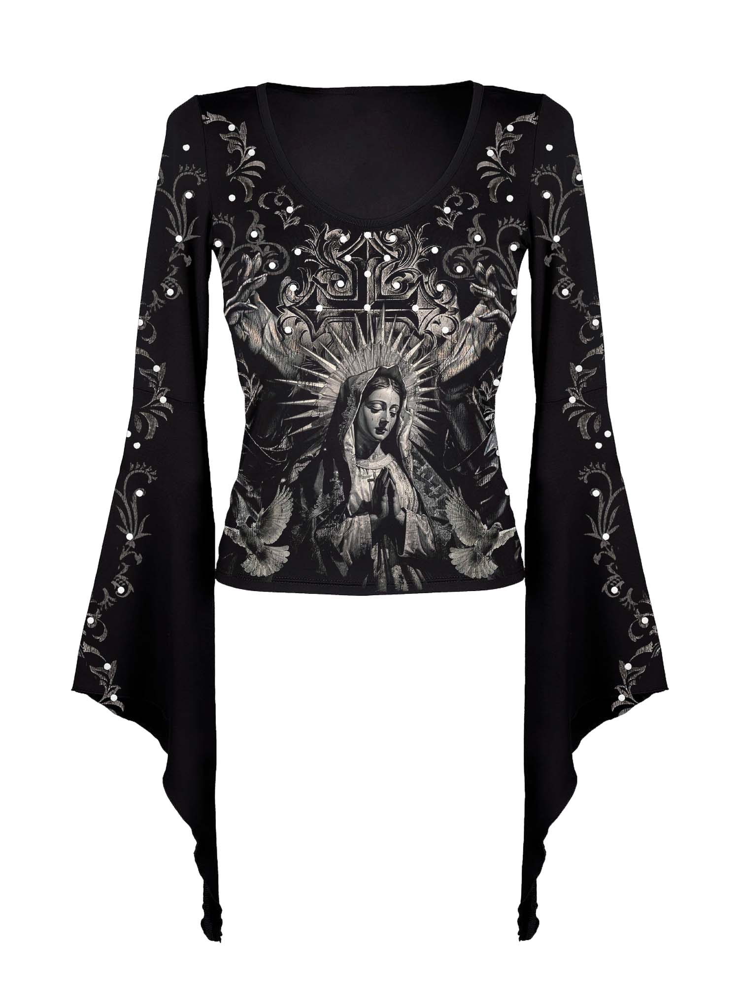 Fledermausärmel-Shirt mit Aufdruck „Our Lady of Sorrows and Cross“