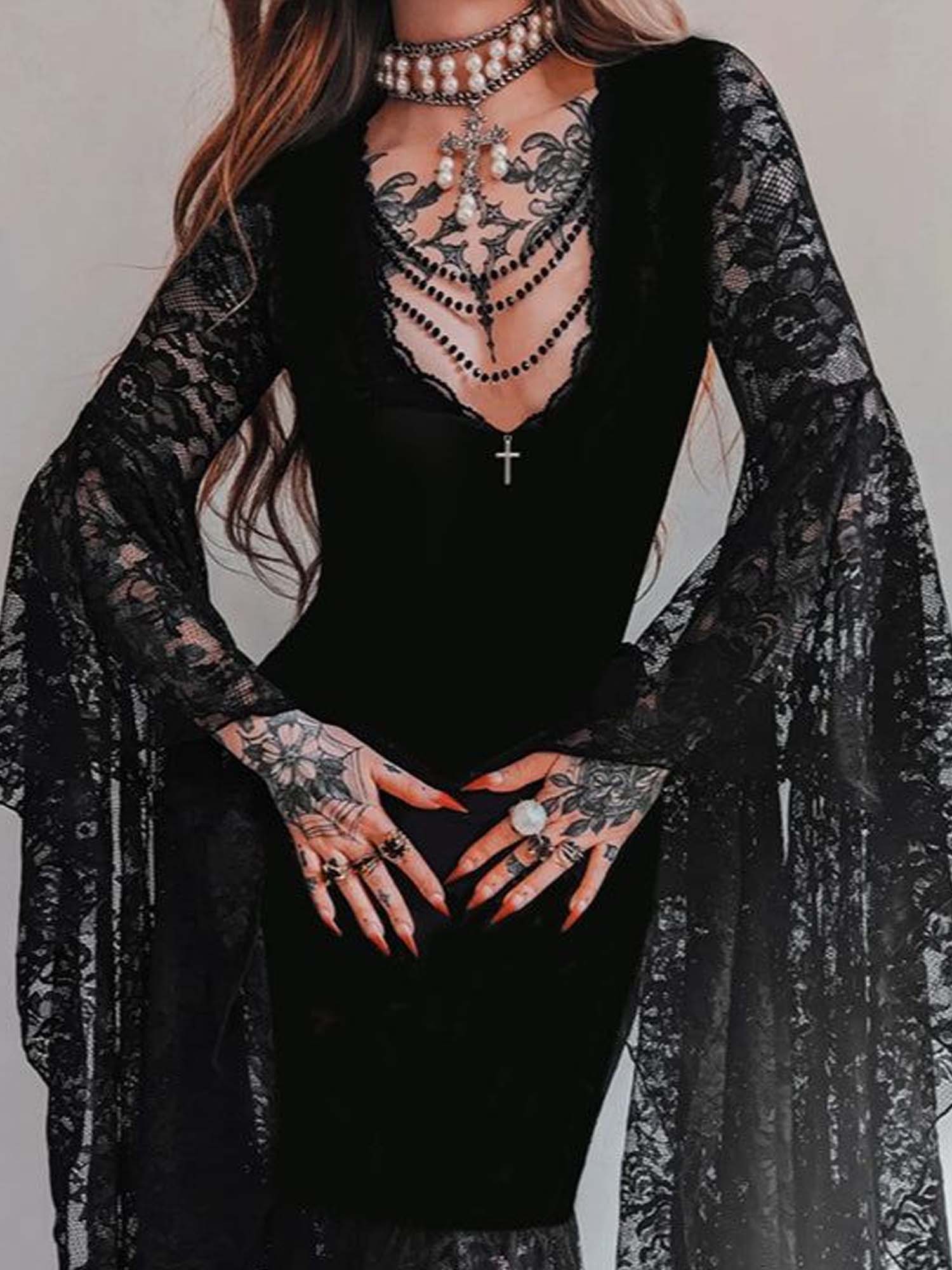 Gothic Cross Batwing Sleeve Lace Panel Velvet Dress