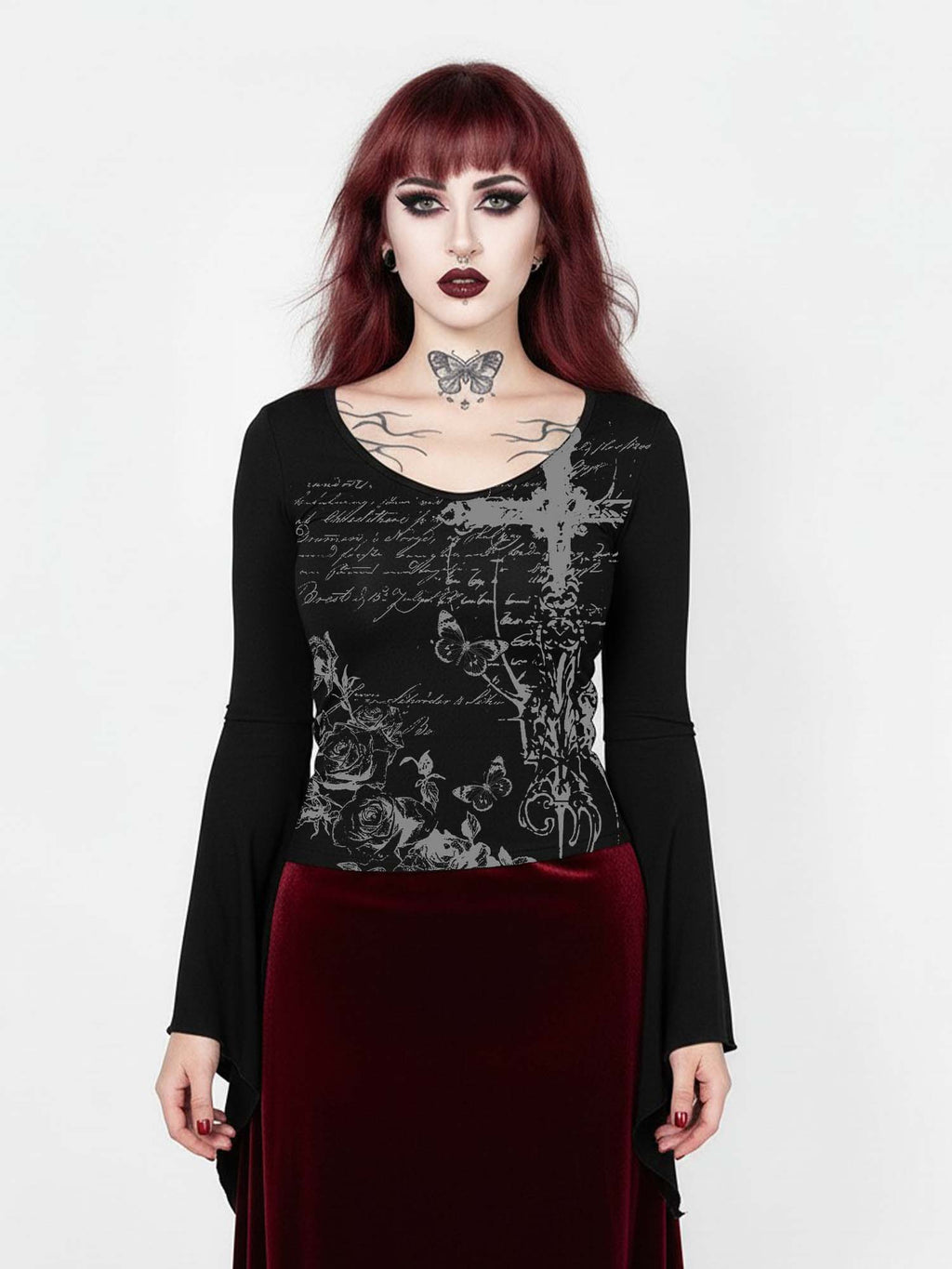 Cross And Rose Print Batwing Shirt
