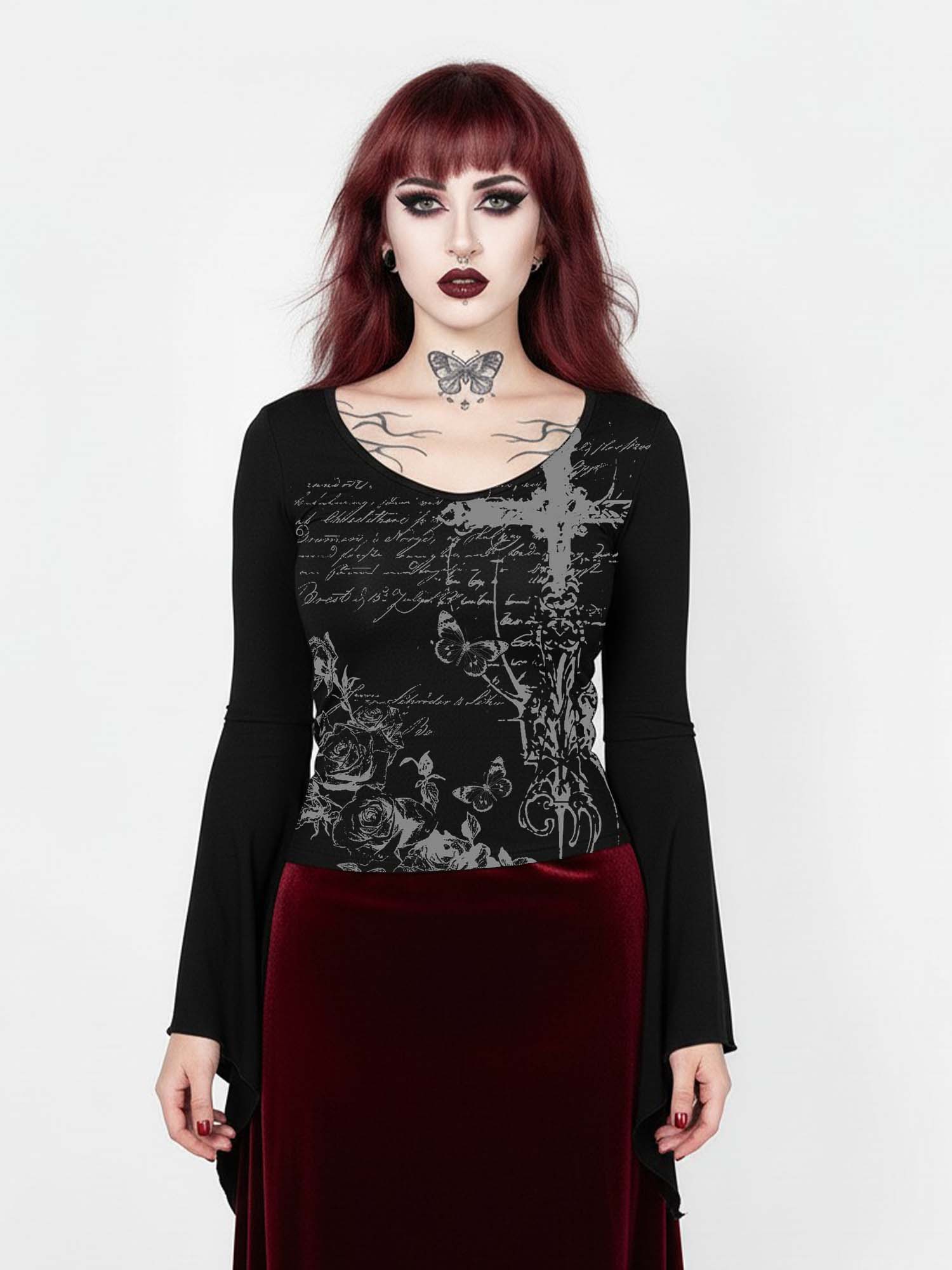 Cross And Rose Print Batwing Shirt