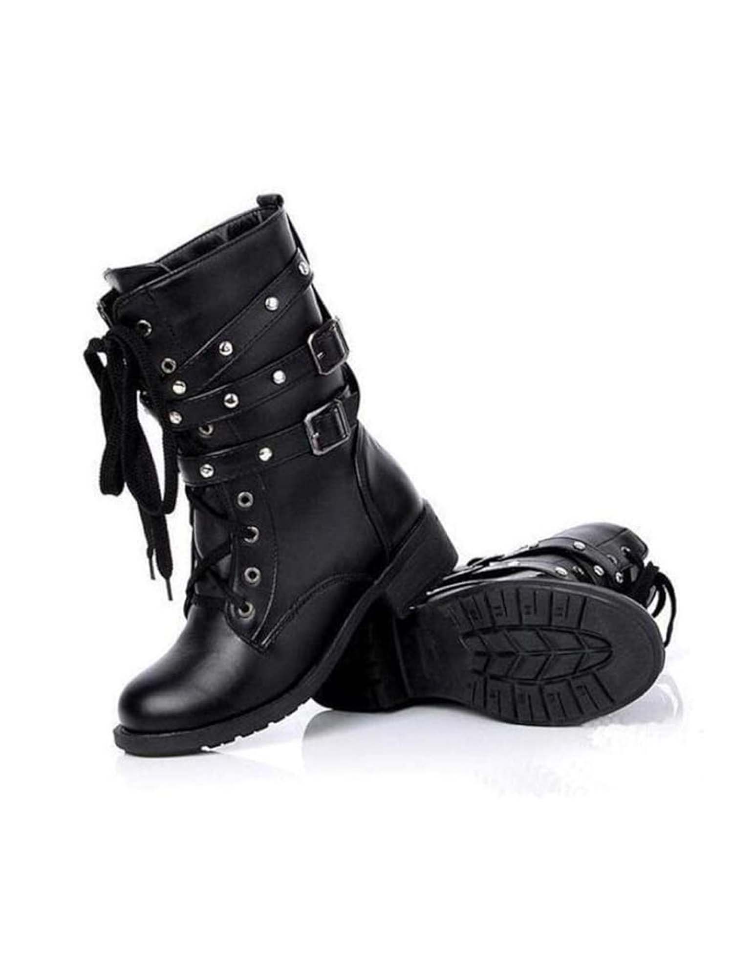 Women Motorcycle Boots Mid-Calf Lace Up Combat Boots With Studde