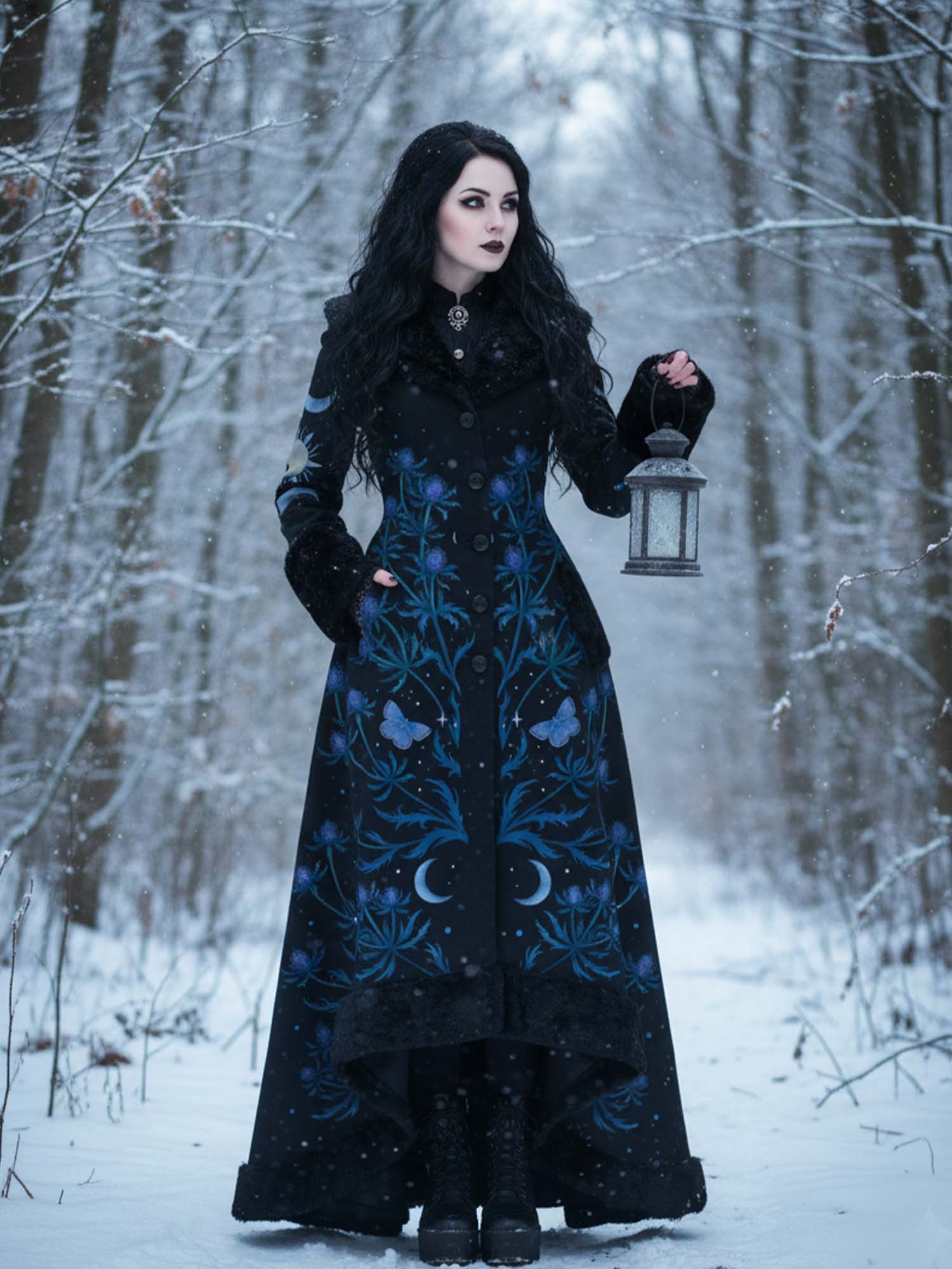 Vintage Floral And Moon Print Gothic Vintage Fur Collar Single-Breasted Lace-Up Coat