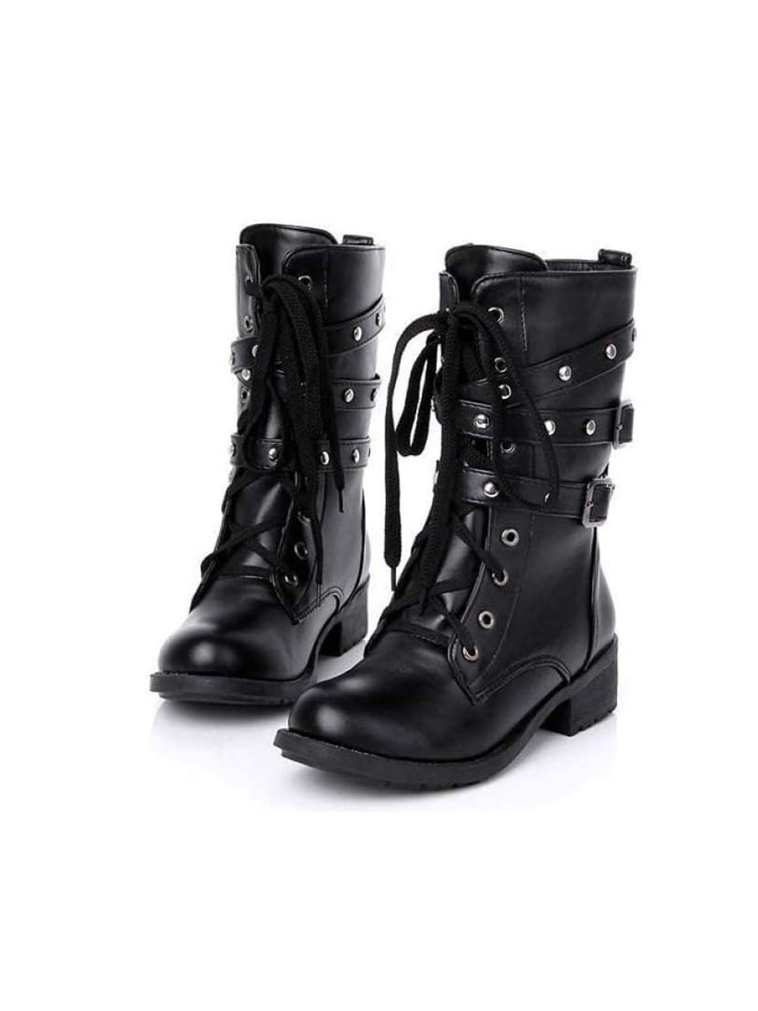 Damen Motorradstiefel, halbhohe Schnürstiefel mit Nieten