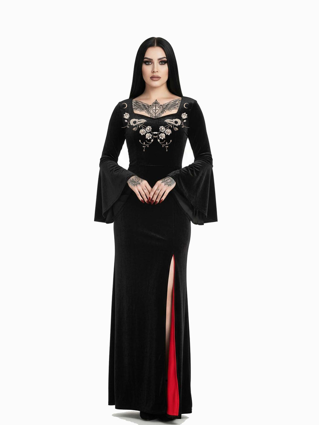 Crow Skull And Flower Print Batwing Maxi Dress