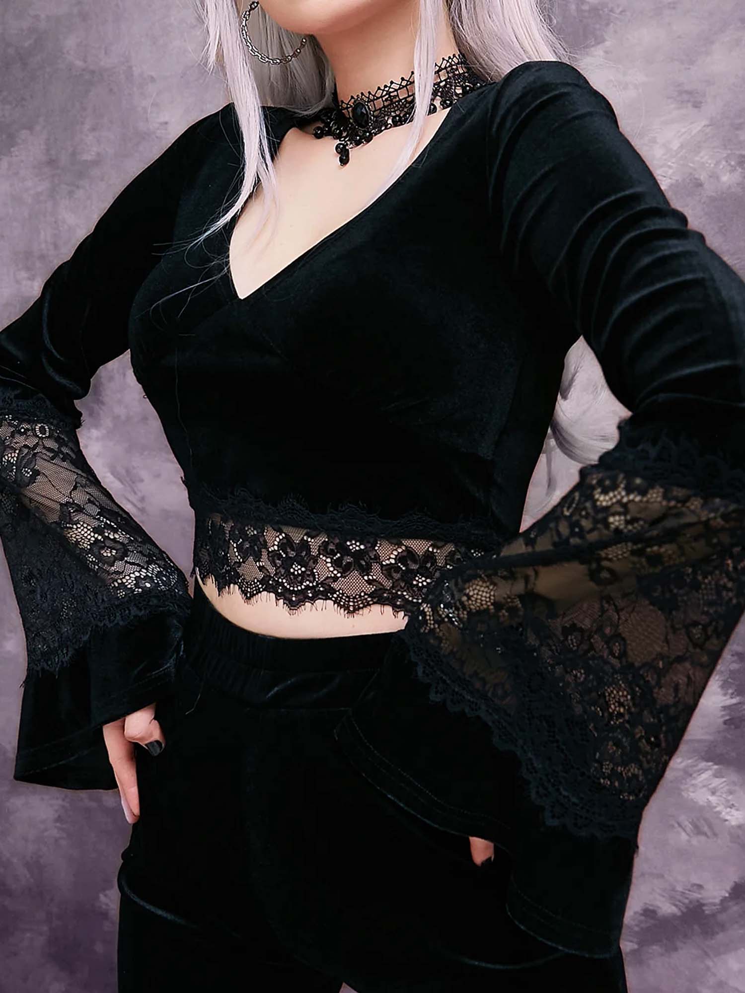 V-Neck Dark Lace Paneled Flared Sleeve Top