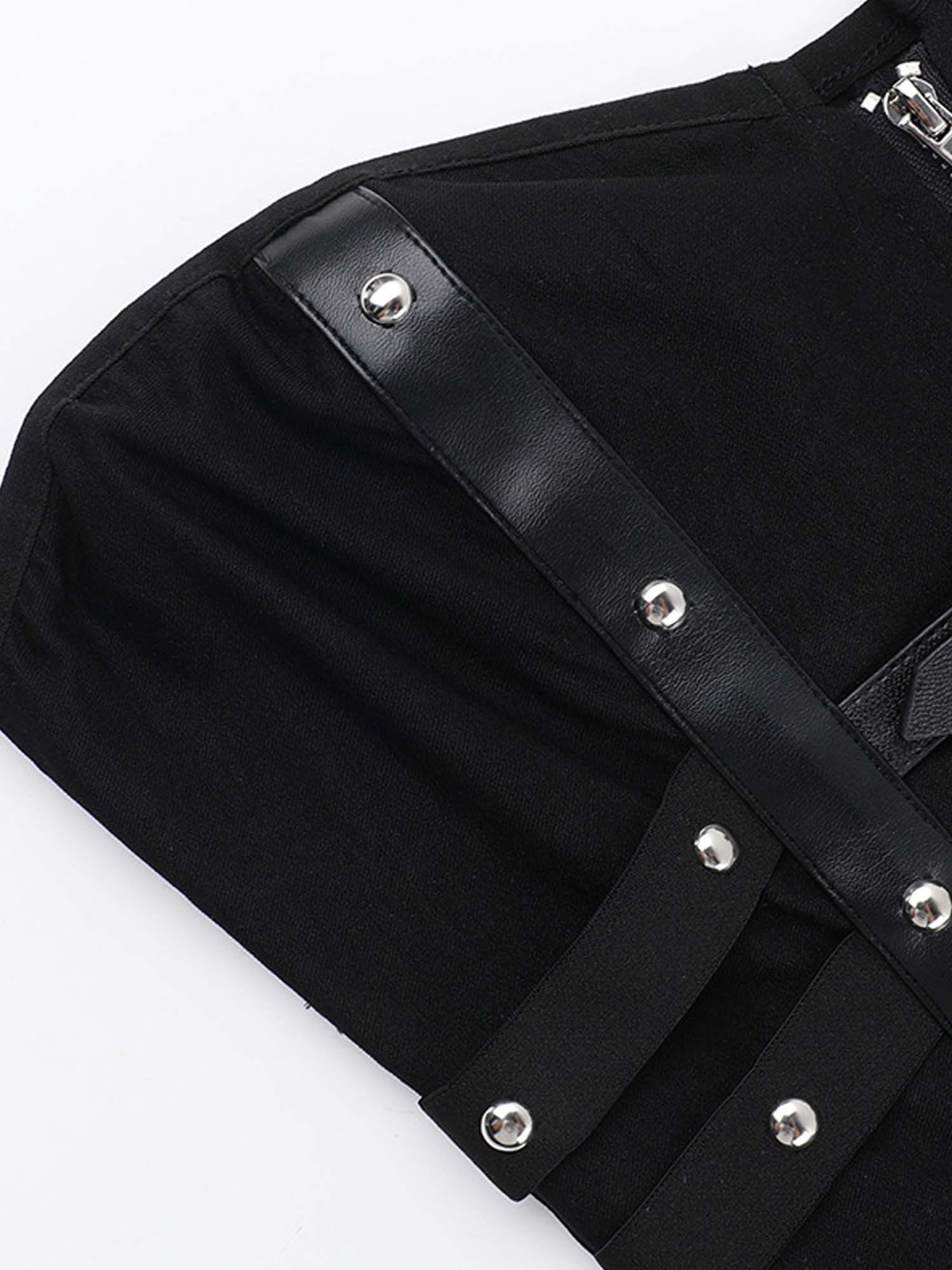 Studded Herringbone Tube Top With Leather Buckle Corset Vest