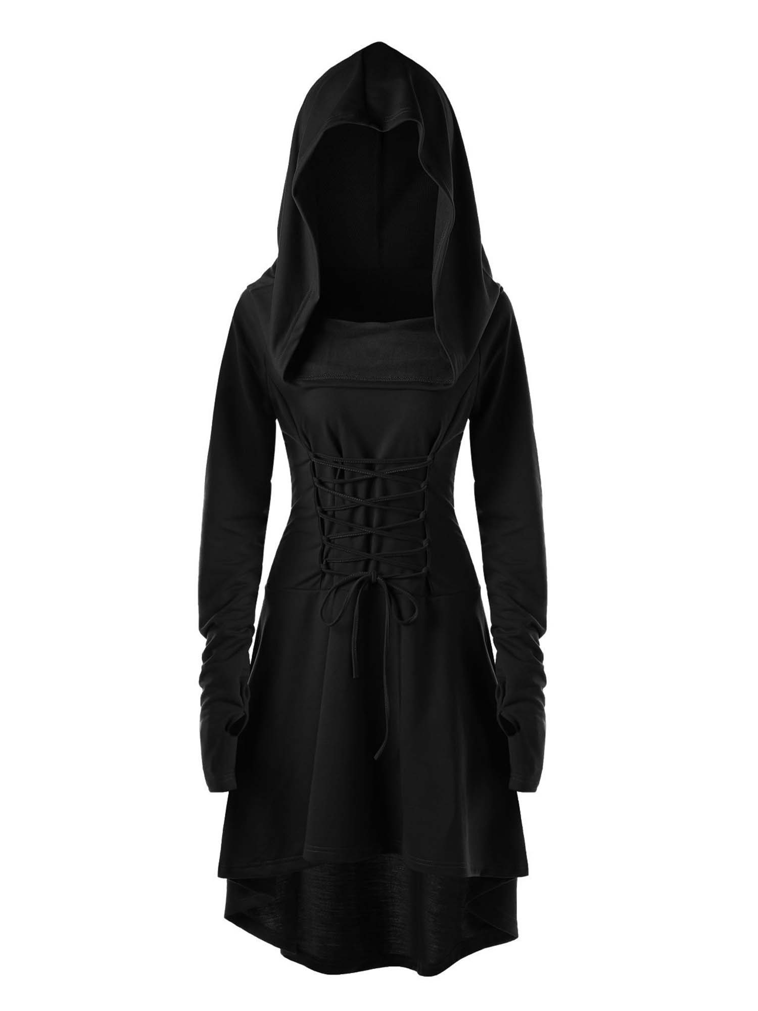 Gothic Witch Long Sleeve Hooded Tie Midi Dress