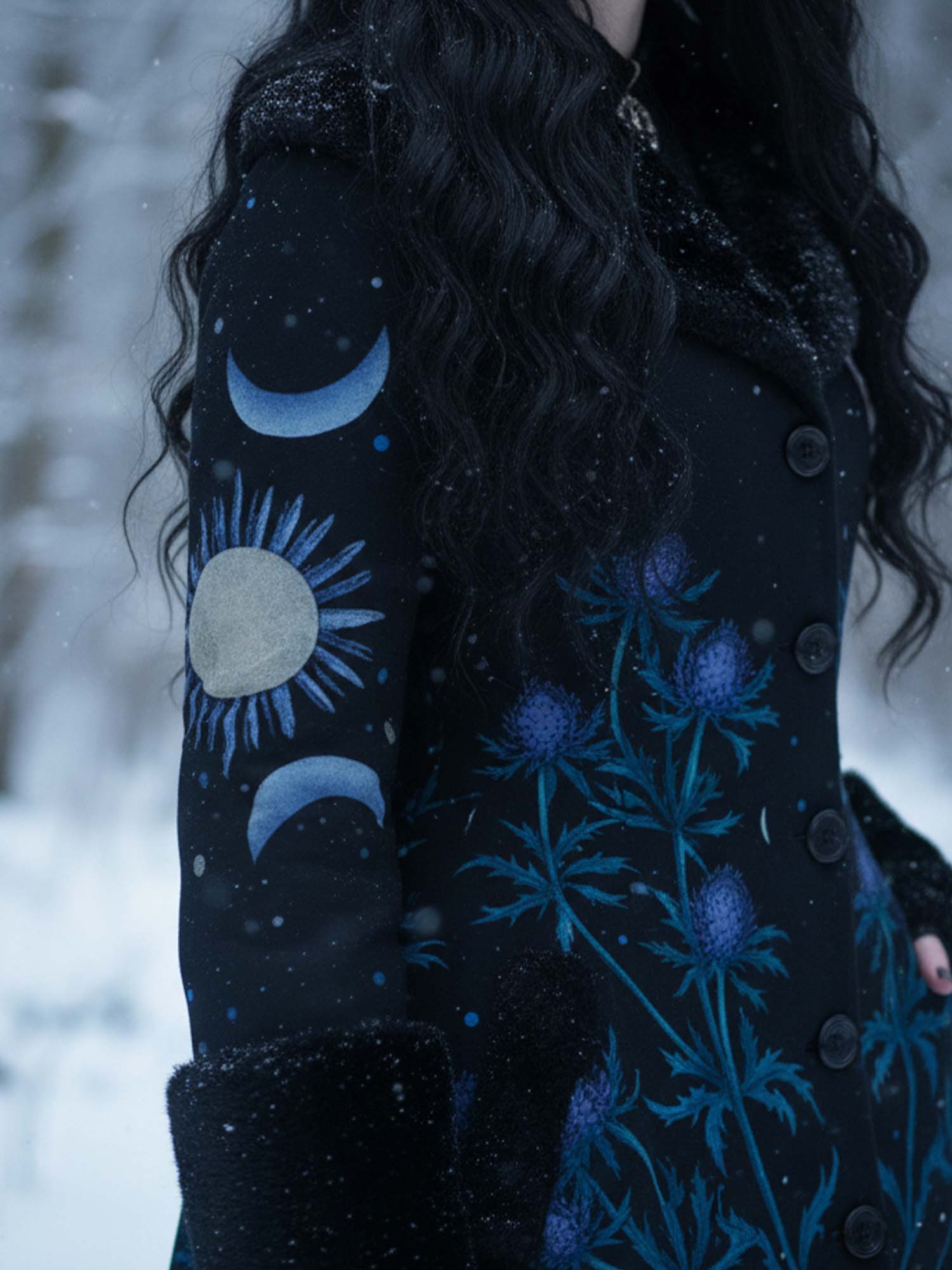 Vintage Floral And Moon Print Gothic Vintage Fur Collar Single-Breasted Lace-Up Coat