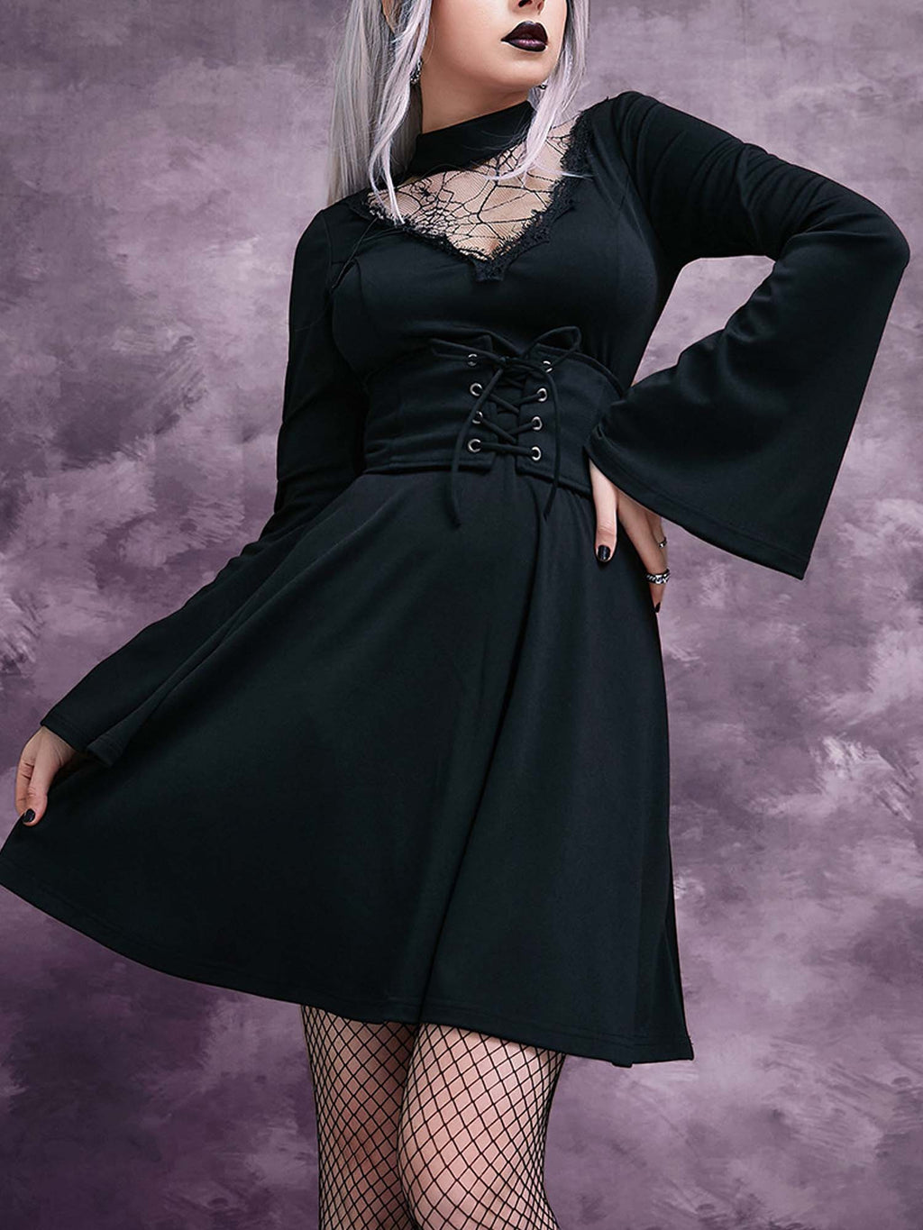 Dark Gothic Spider Web Lace Long Sleeve Dress