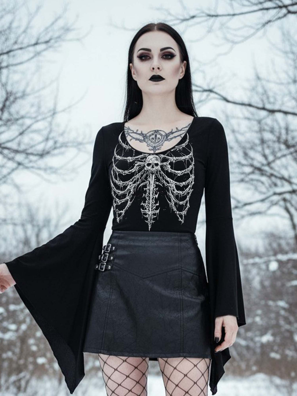 Rib Skeleton Print Batwing Shirt