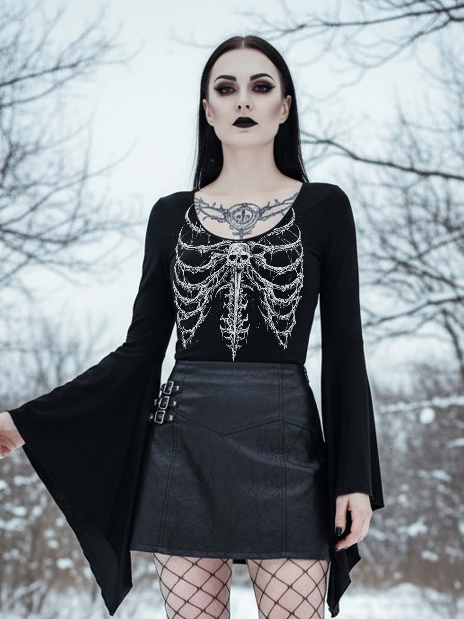 Rib Skeleton Print Batwing Shirt
