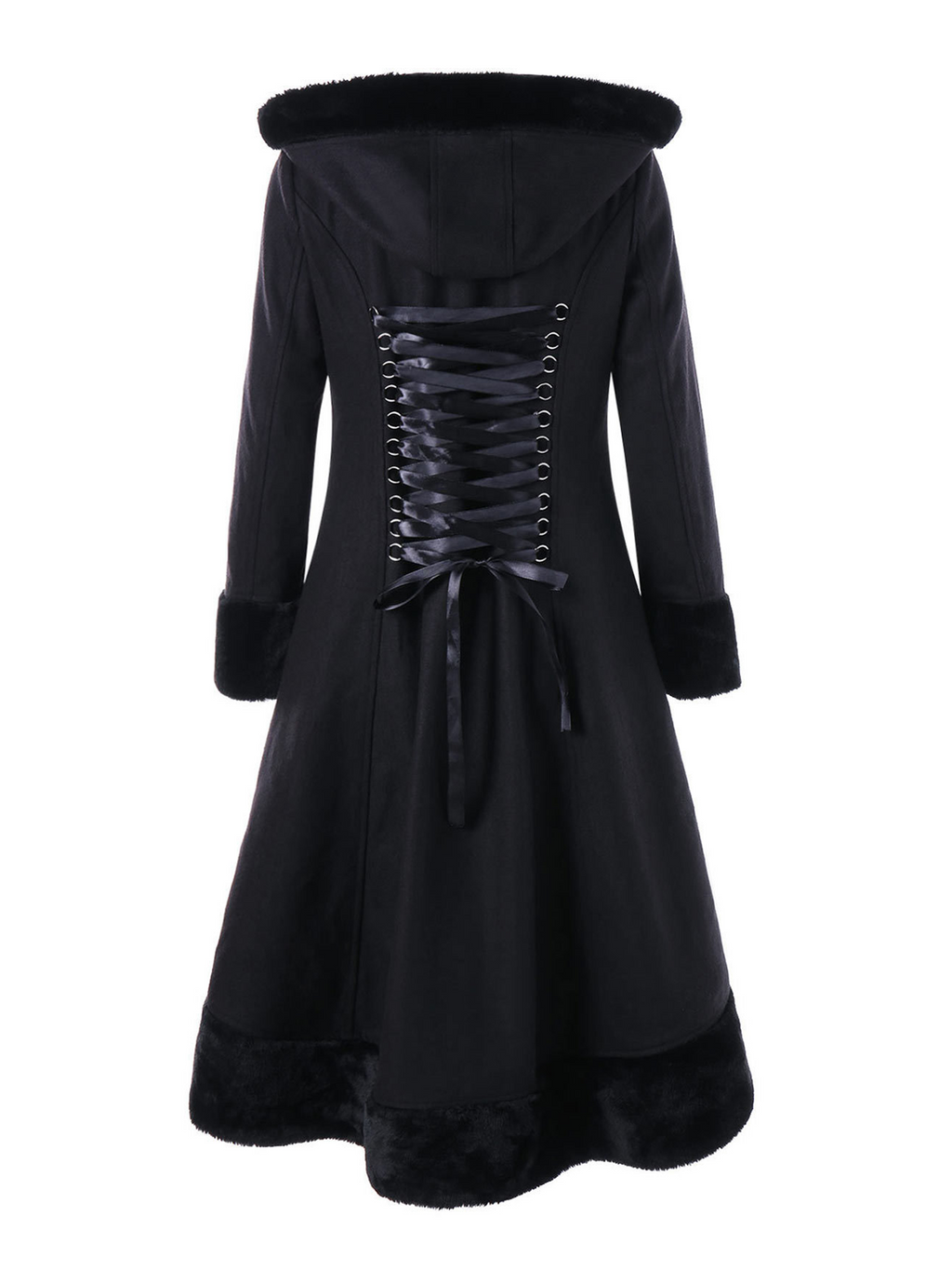 Double-Breasted Fur Collar Hooded Wool Coat With Back Tie