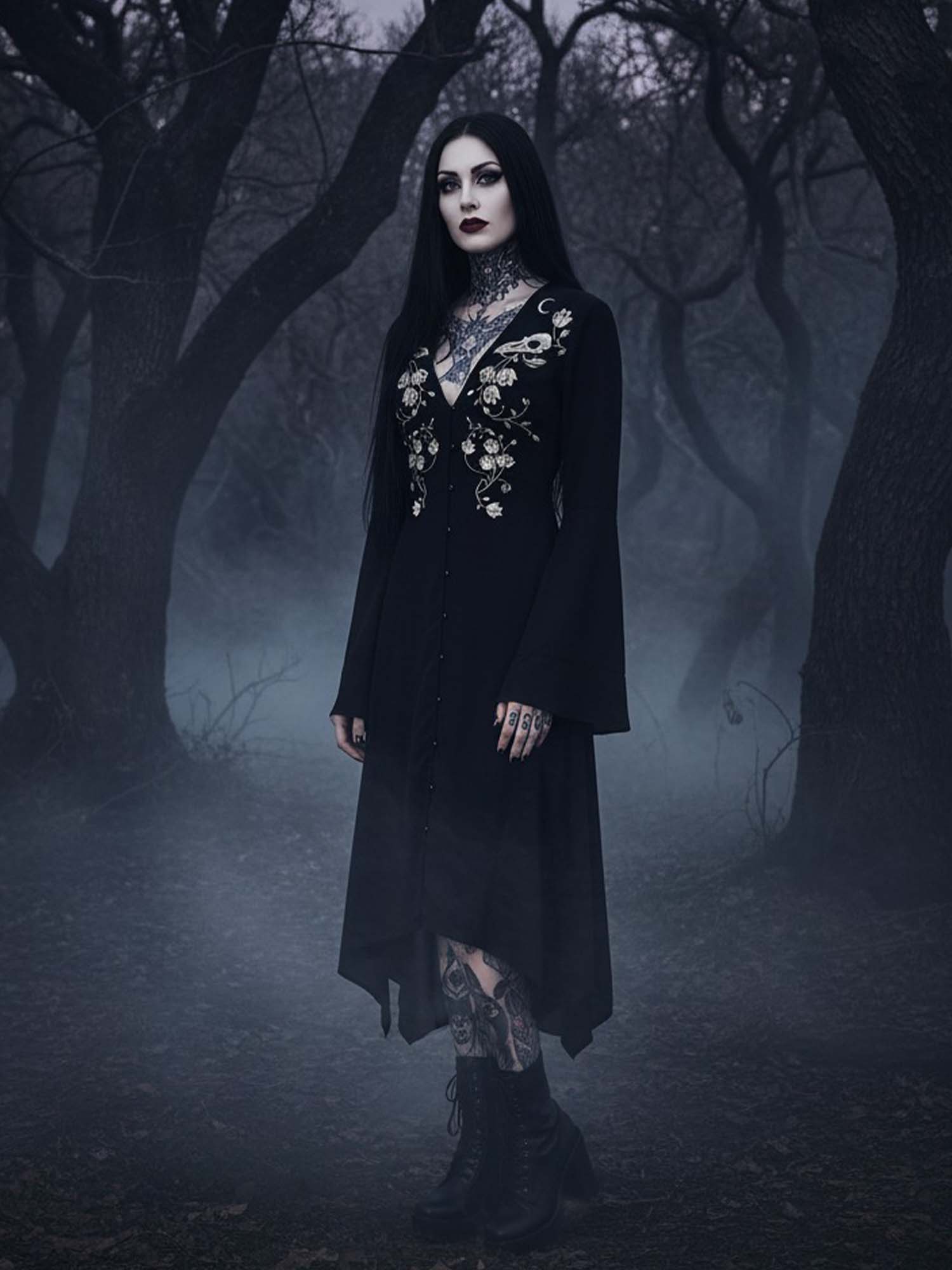 Crow Skull Print Midi Moonveil Dress