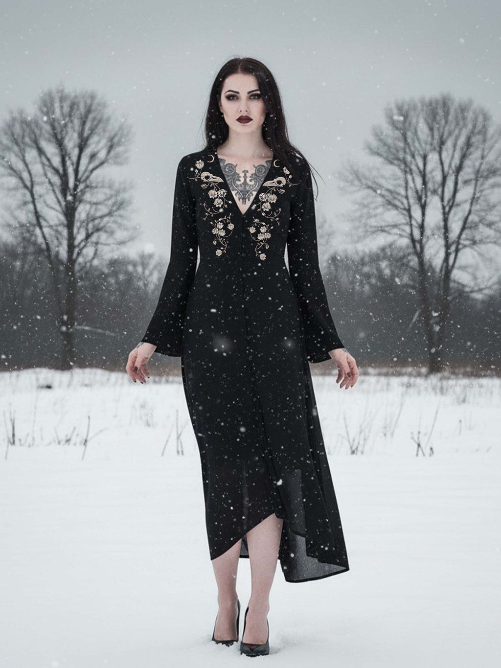 Crow Skull Print Midi Moonveil Dress
