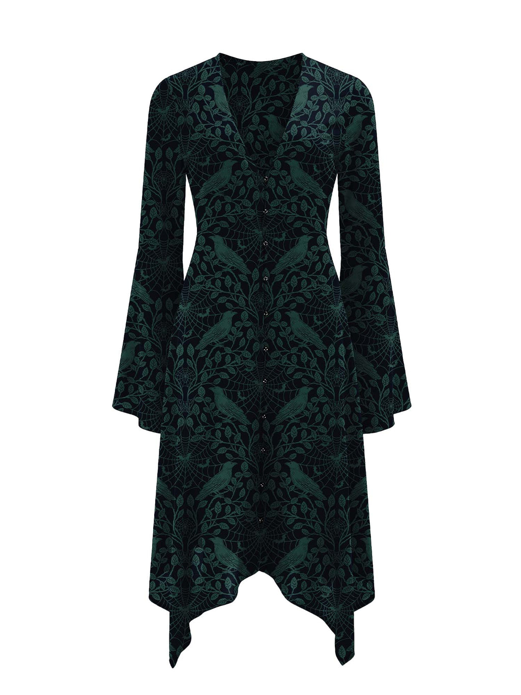 Midi-Moonveil-Kleid mit Krähen- und Spinnennetz-Print