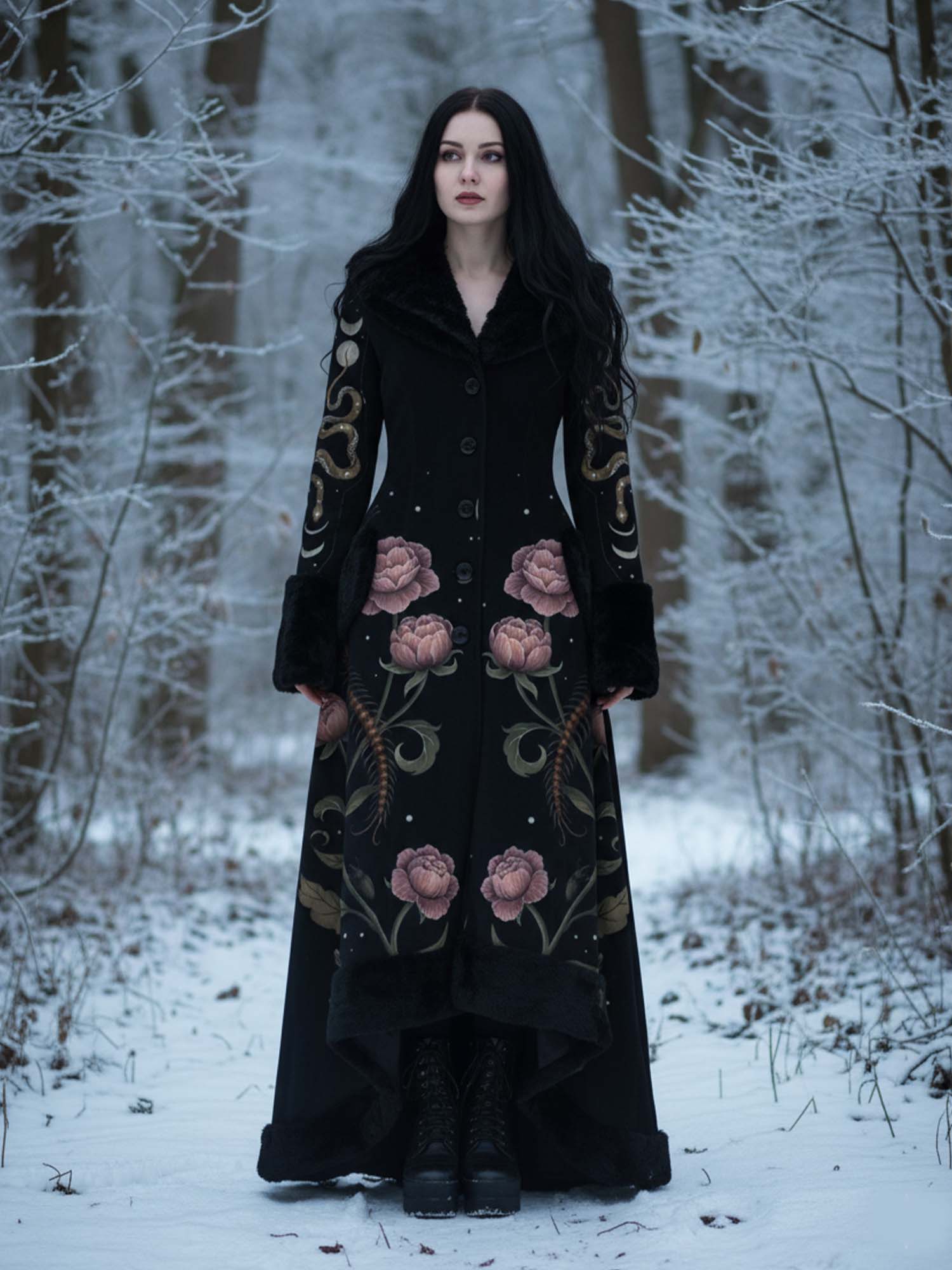 Floral Centipede And Snake Print Gothic Vintage Fur Collar Single-Breasted Lace-Up Coat