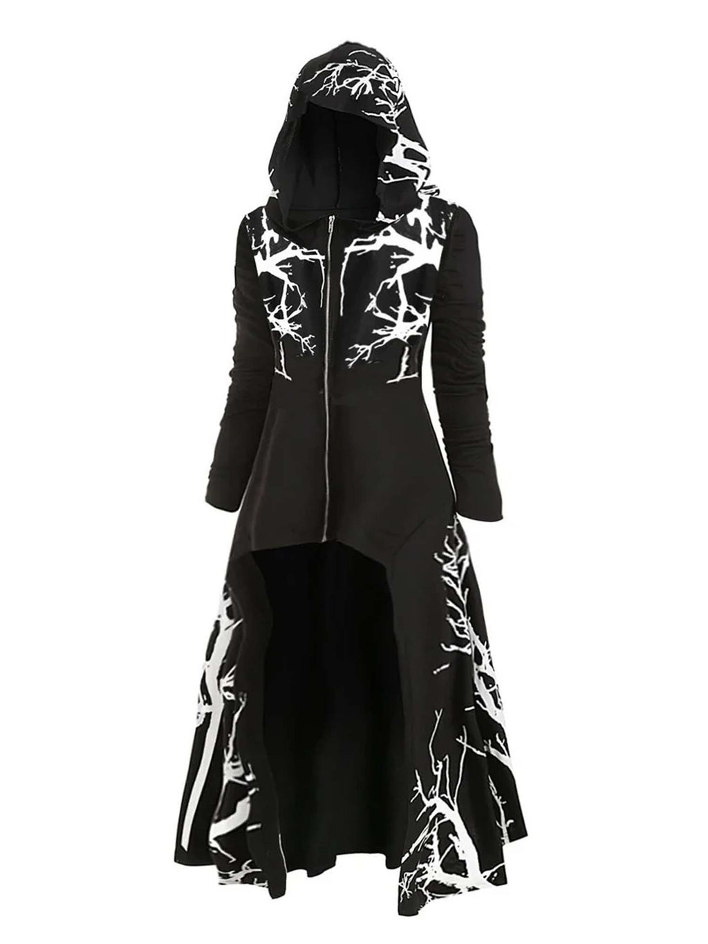 Cape With Hood And Irregular Hem Print Long-Sleeved Coat