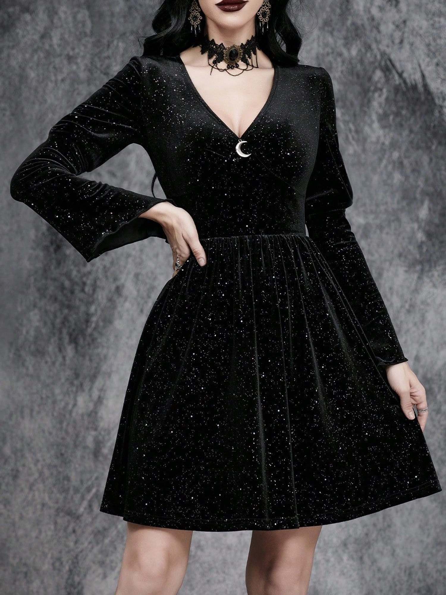 Dark Retro Velvet Elegant V-Neck Waist Long Sleeve Dress
