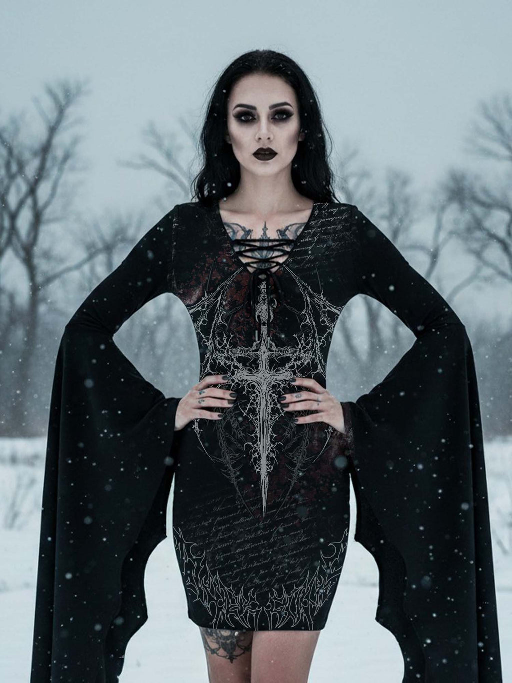 Devil's Cross Print Batwing Dress