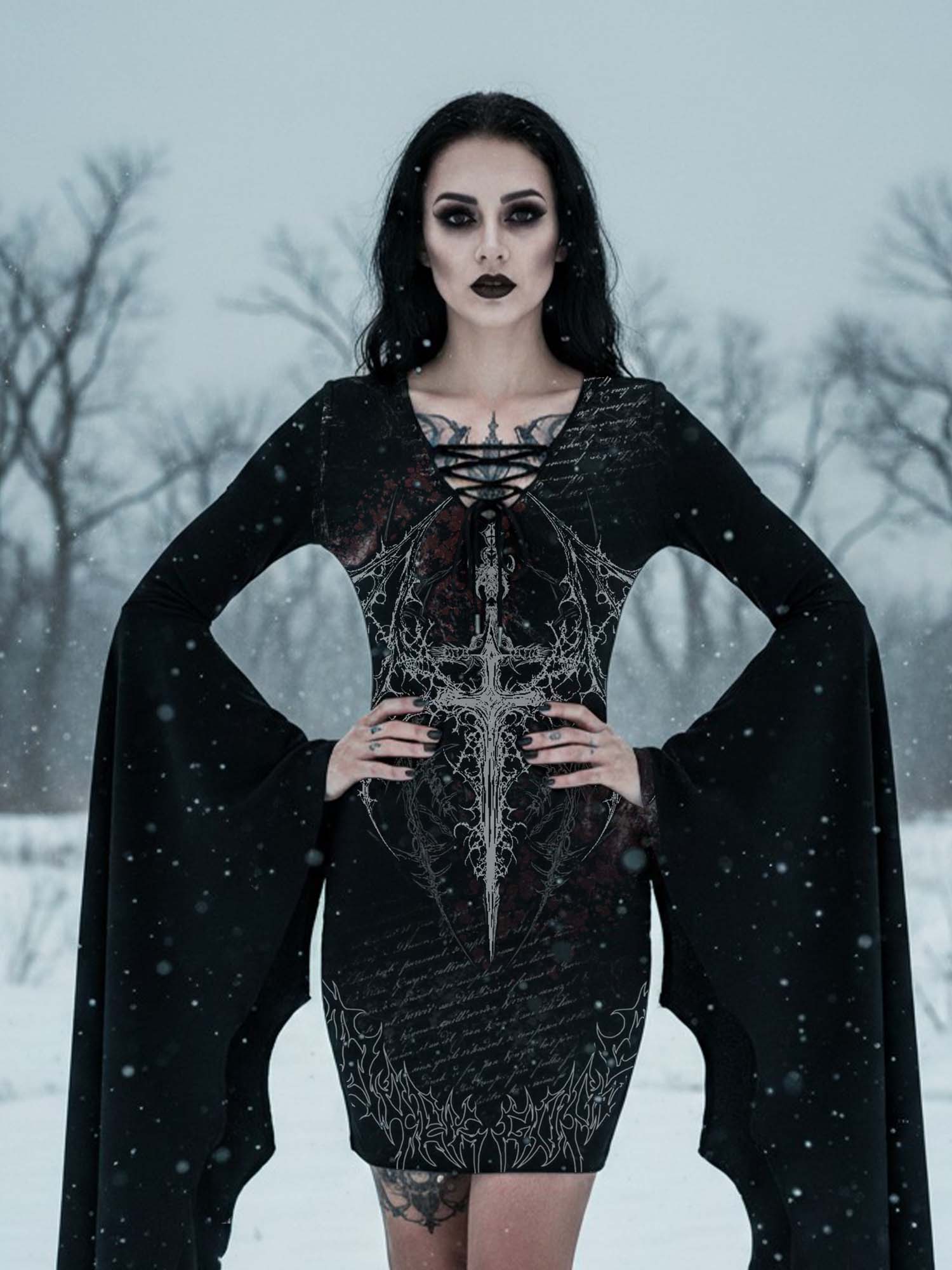 Devil's Cross Print Batwing Dress