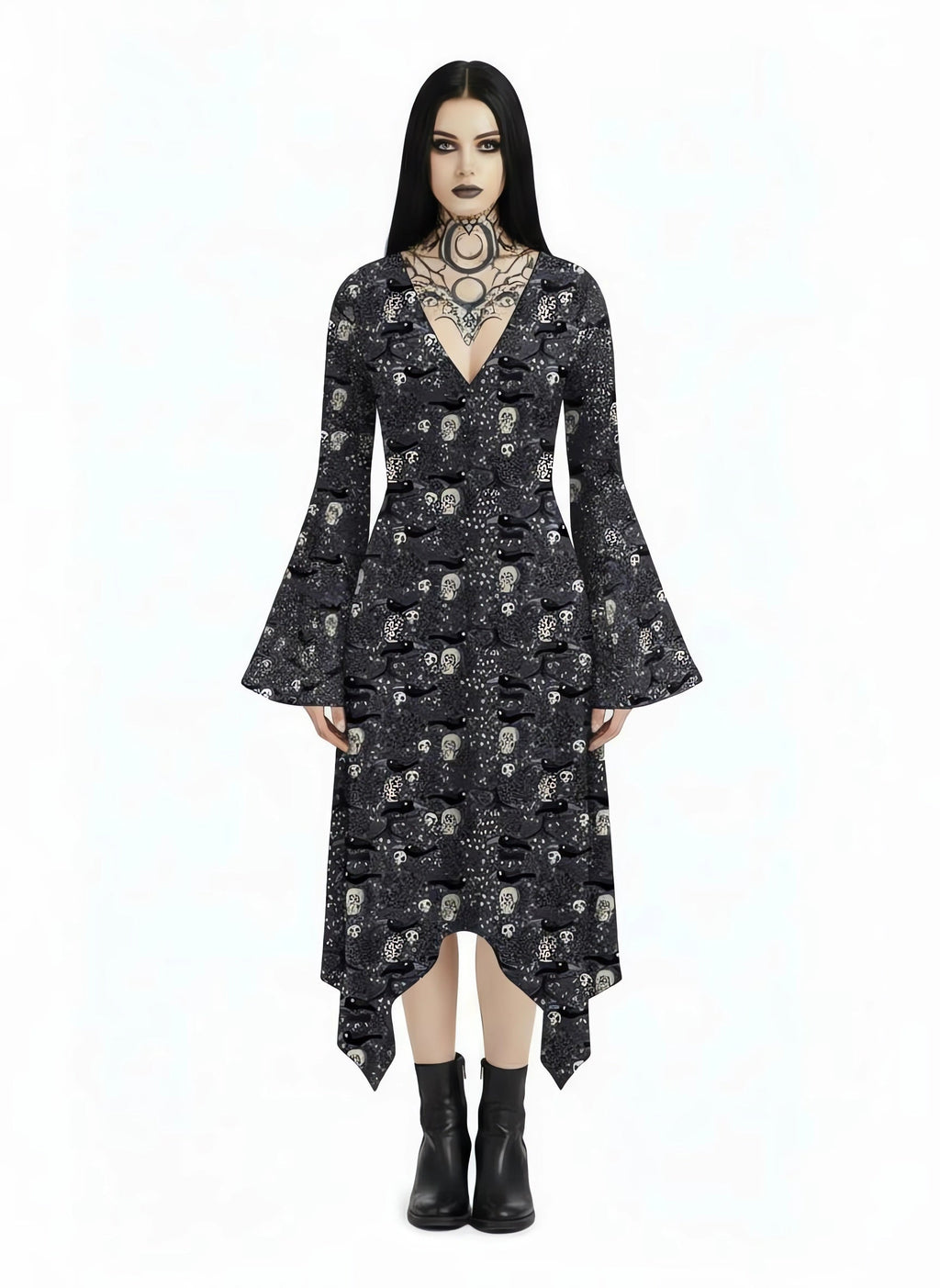 Crow On A Tombstone RIP Print Midi Moonveil Dress