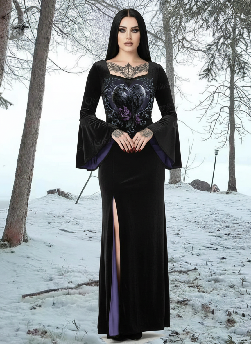 Crows And Flower Print Batwing Maxi Dress