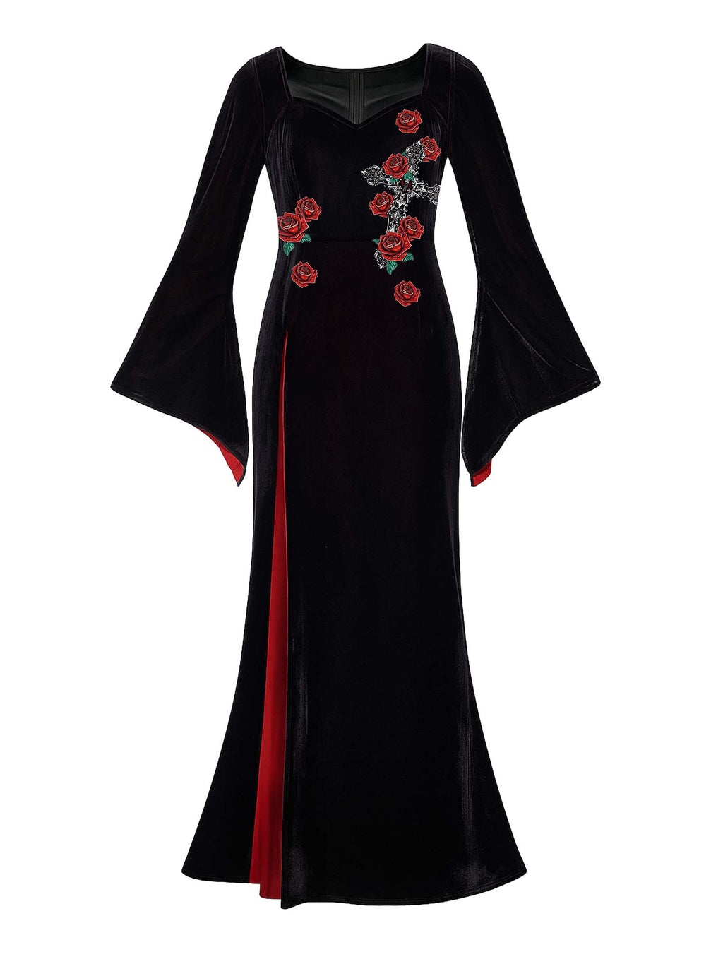 Maxikleid mit Fledermausärmeln und Kreuz- und Rosenprint