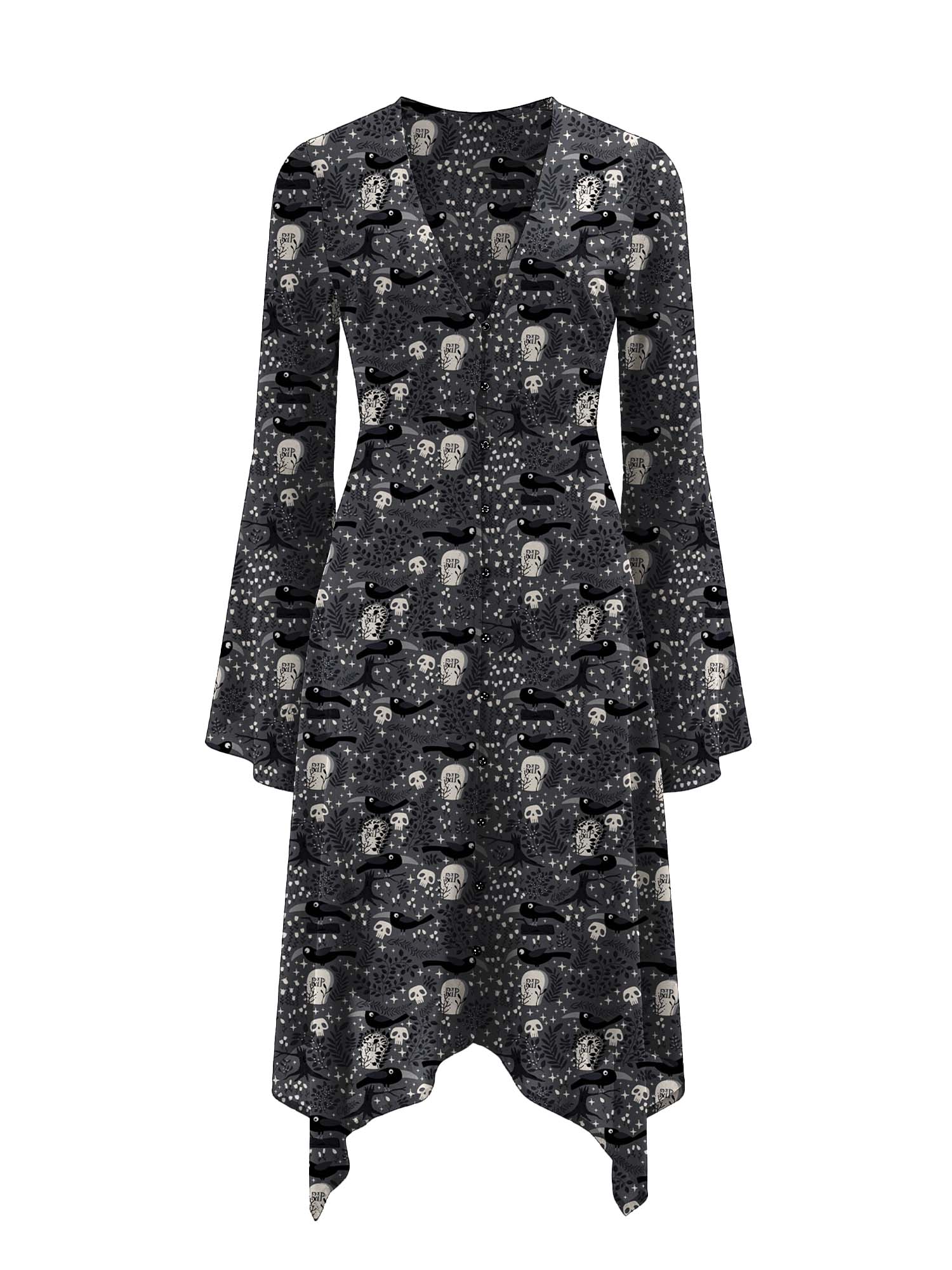 Crow On A Tombstone – Midi-Mondschleierkleid mit RIP-Print