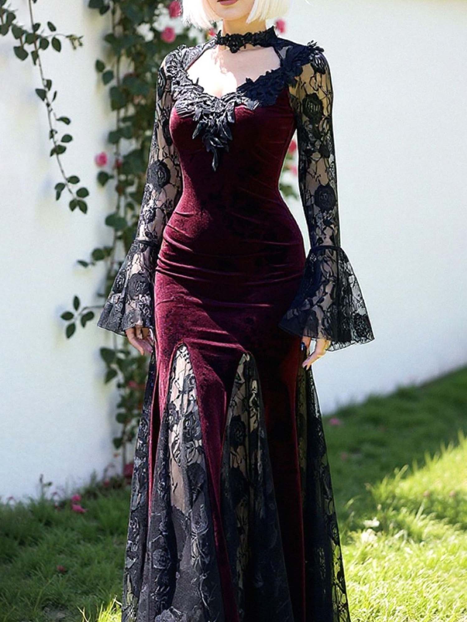 Dark Gothic Lace Fishtail Long Sleeve Dress
