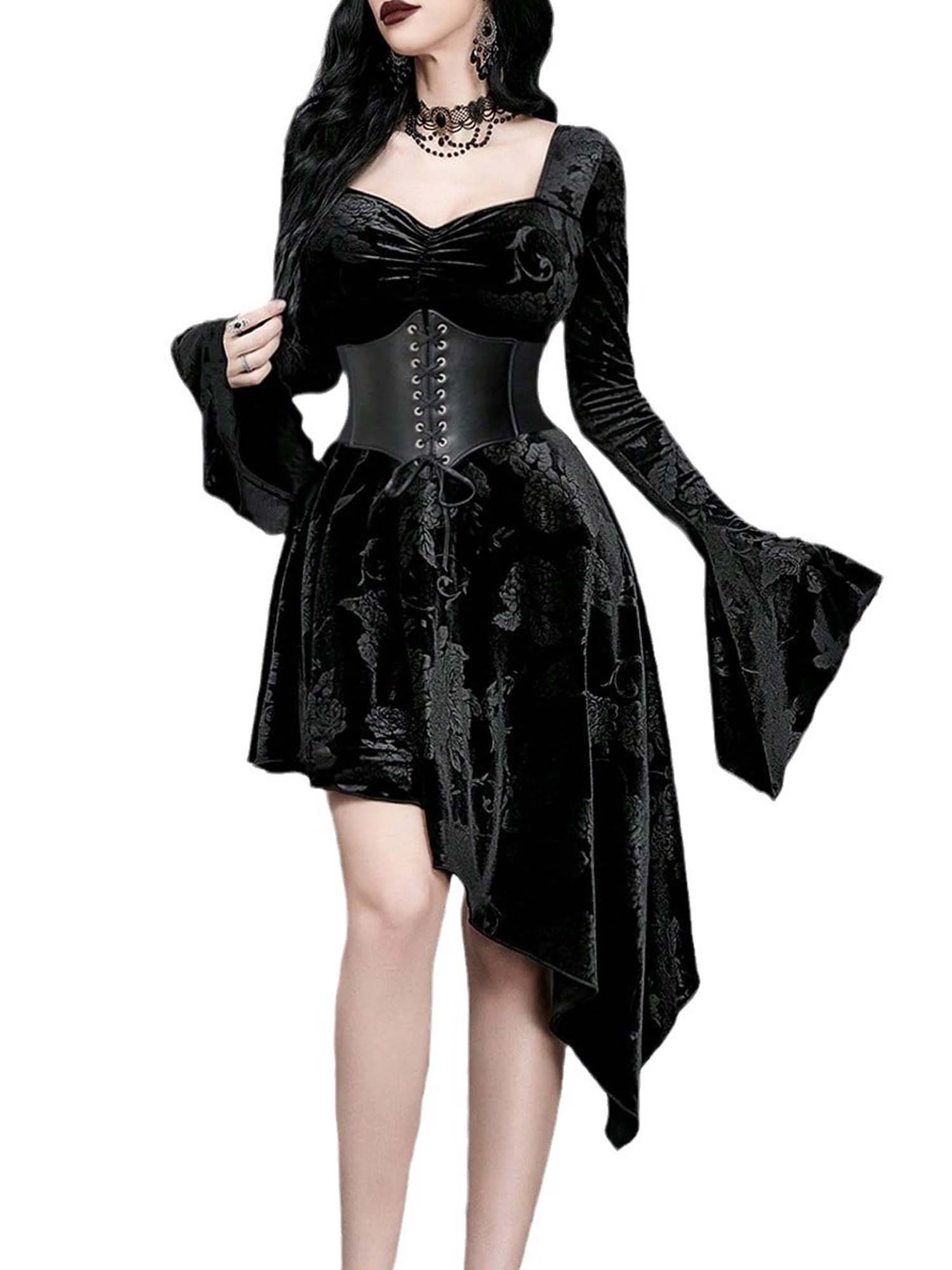 Gothic Halloween Irregular V-Neck Trumpet Sleeve Dark Dress