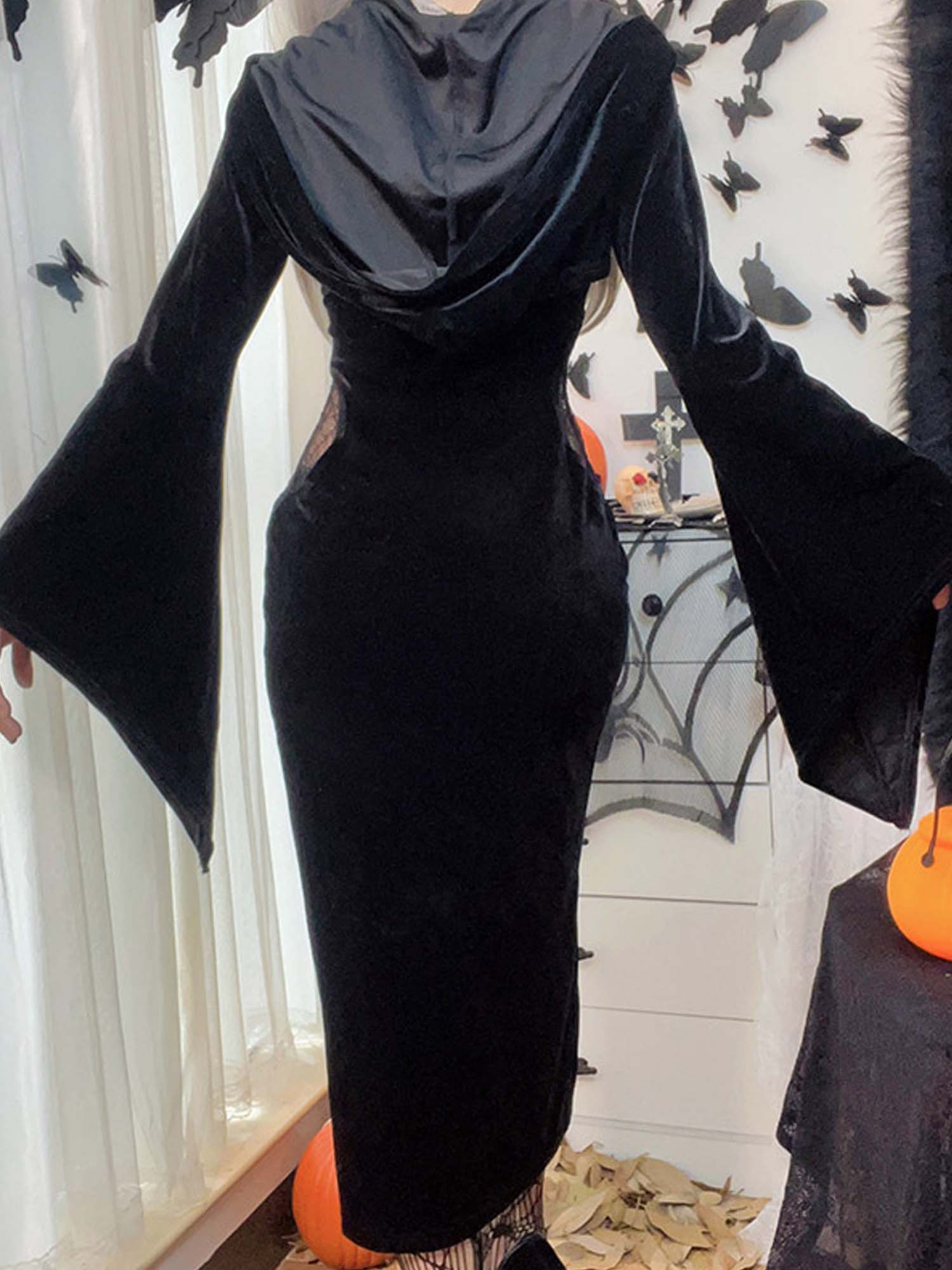 Gothic Halloween Dark Hooded Trumpet Sleeve Spider Web Dress Two-Piece Suit