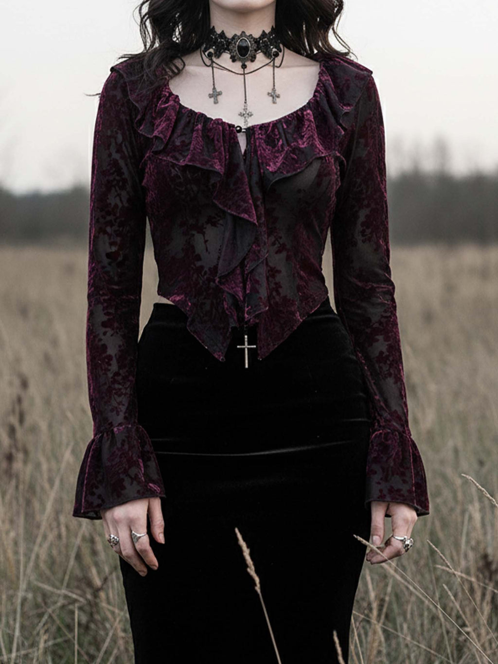Gothic Ruffled V-Neck Long-Sleeved Top