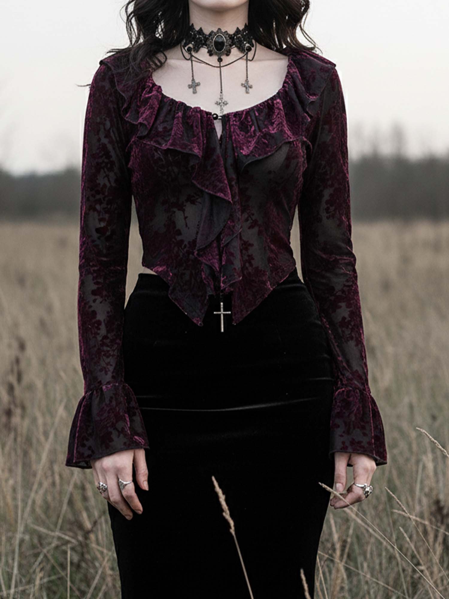 Gothic Ruffled V-Neck Long-Sleeved Top